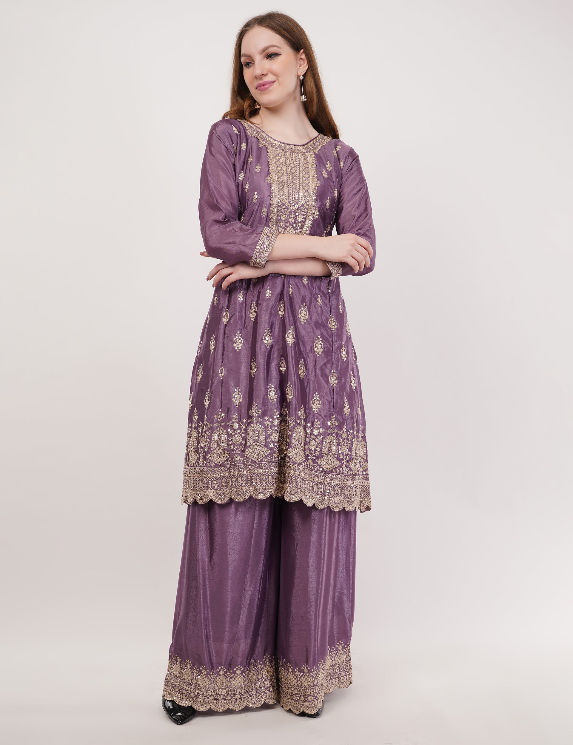 Purple Embroidered Suit With Flared Pants & Dupatta - Set Of 3