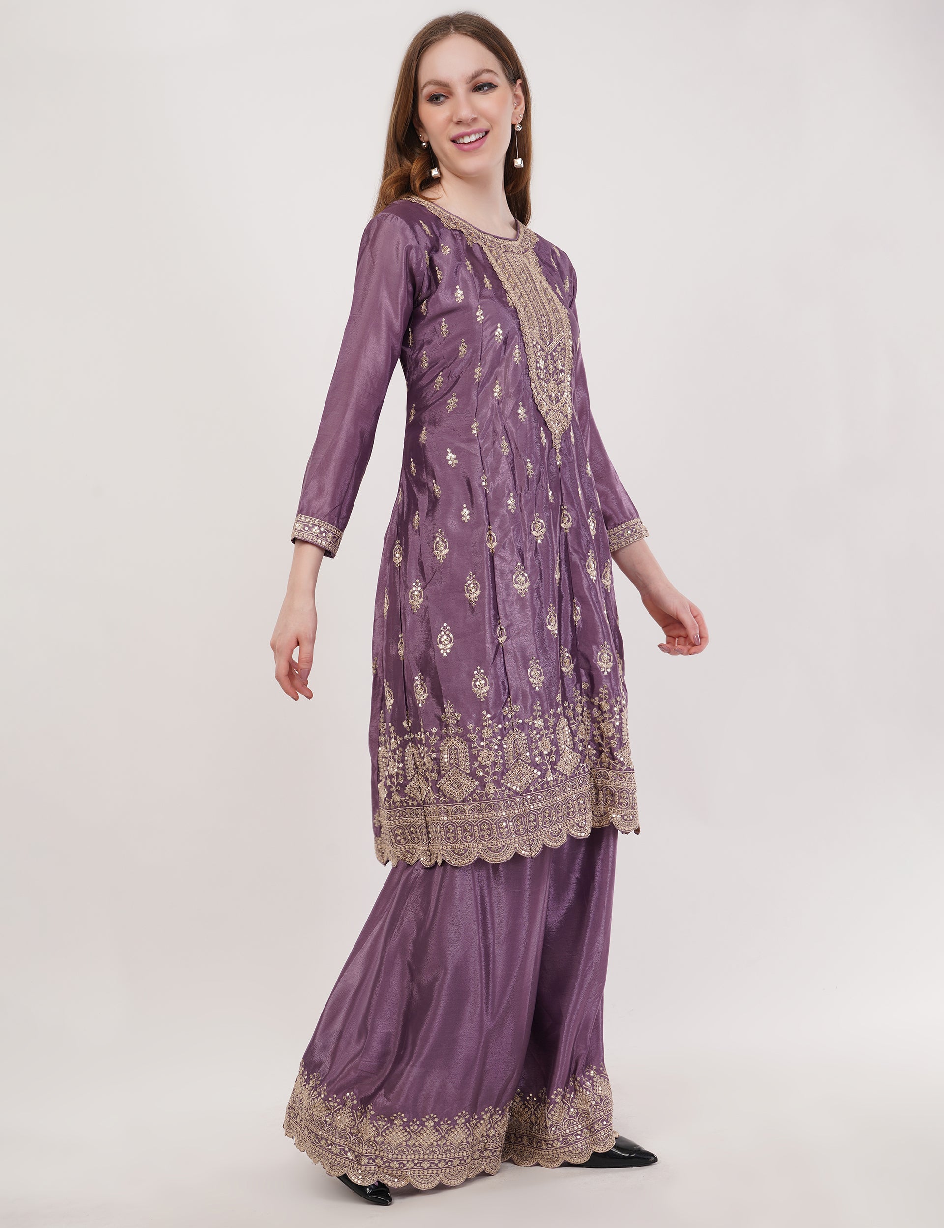 Purple Embroidered Suit With Flared Pants & Dupatta - Set Of 3