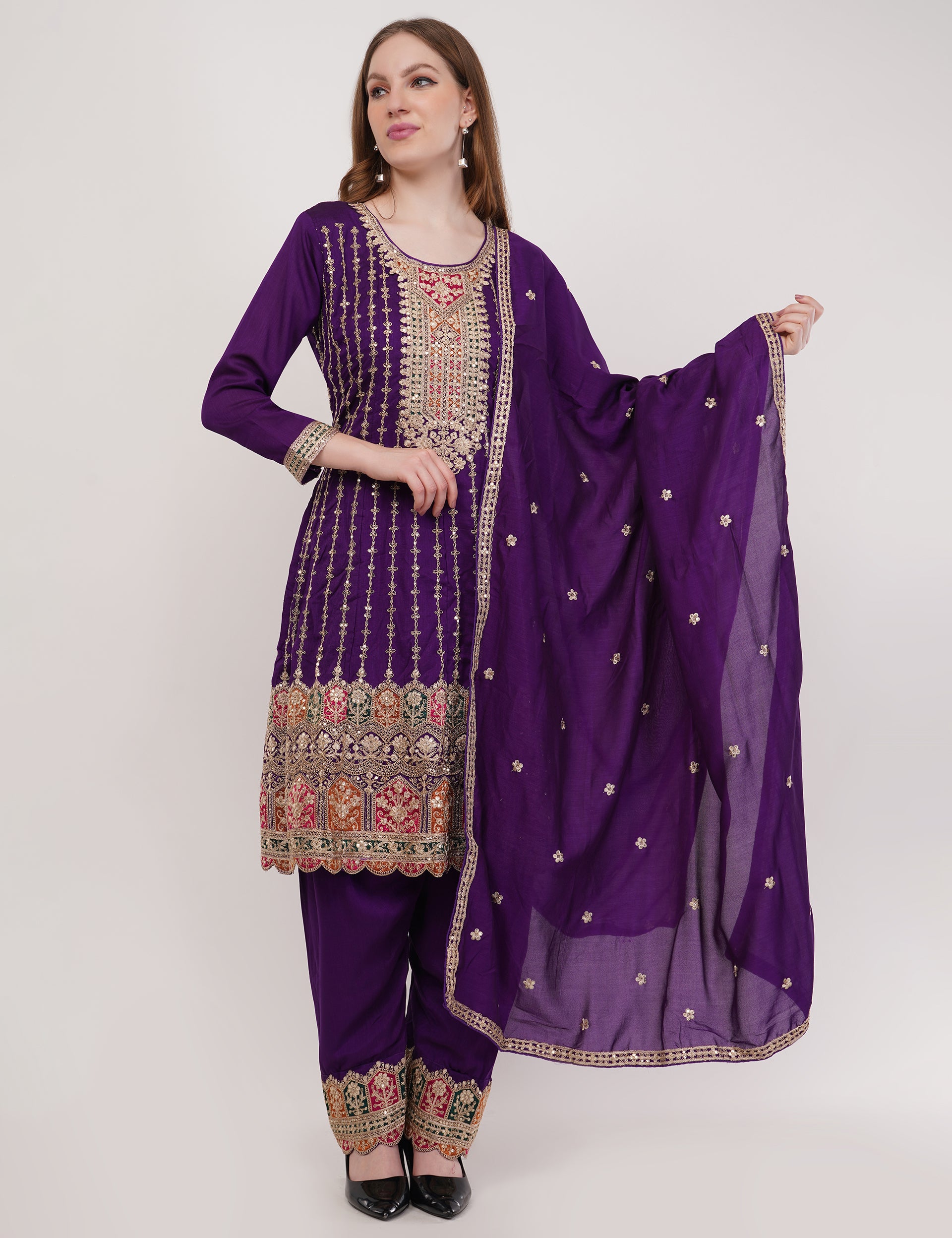 Purple Chinon Fabric Embroidered Suit With Pants & Dupatta - Set Of 3