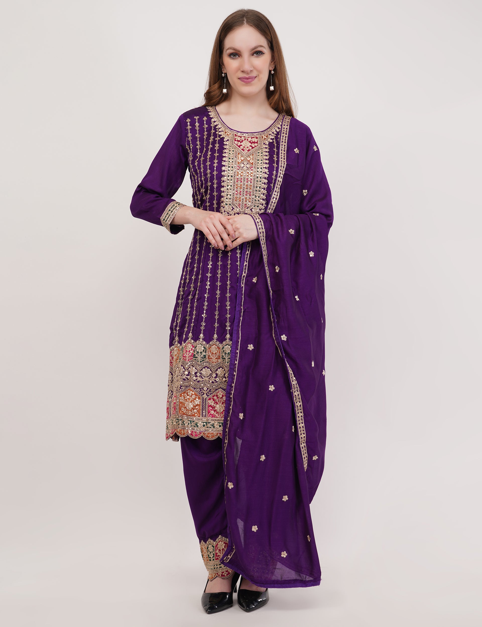 Purple Chinon Fabric Embroidered Suit With Pants & Dupatta - Set Of 3