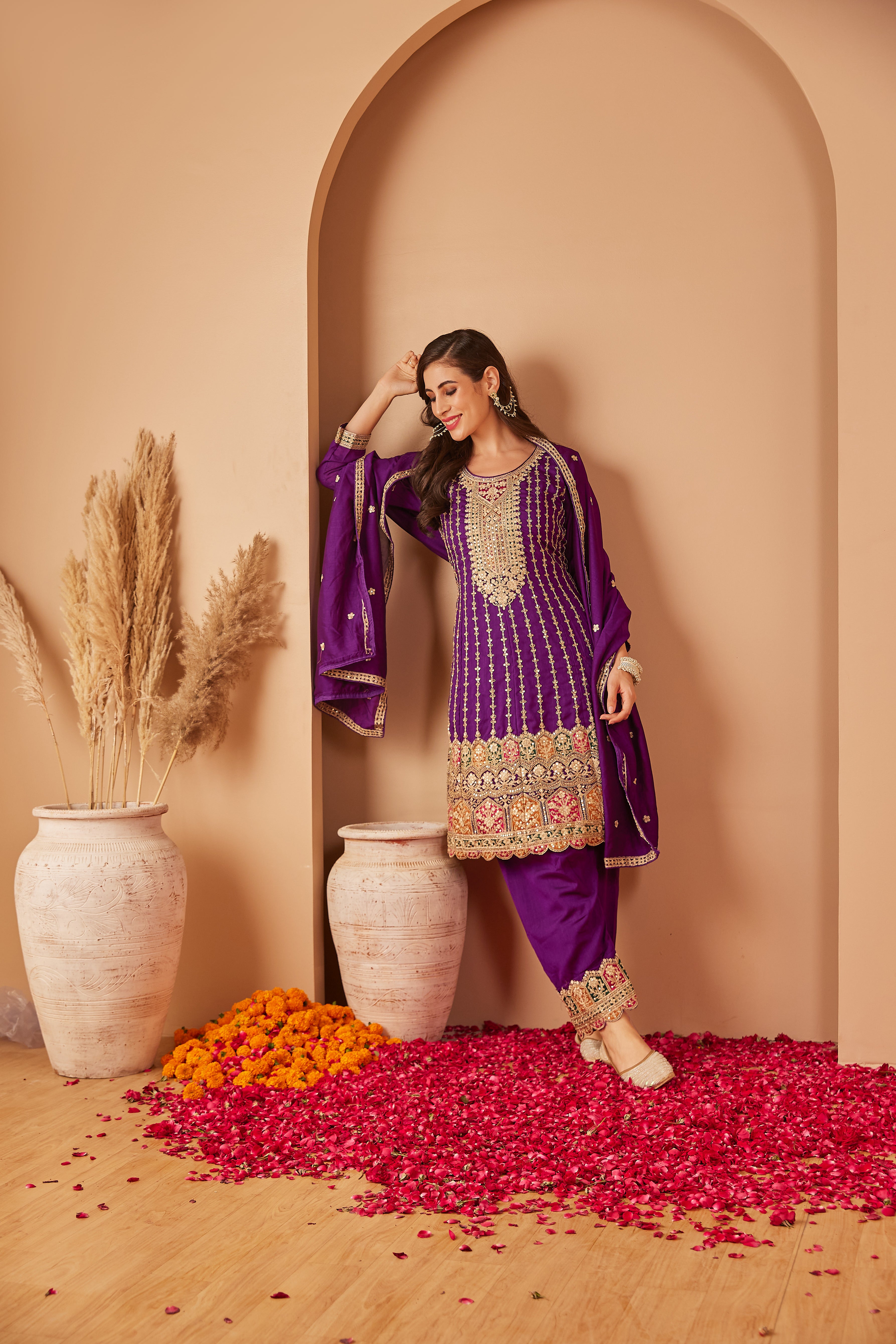 Purple Chinon Fabric Embroidered Suit With Pants & Dupatta - Set Of 3