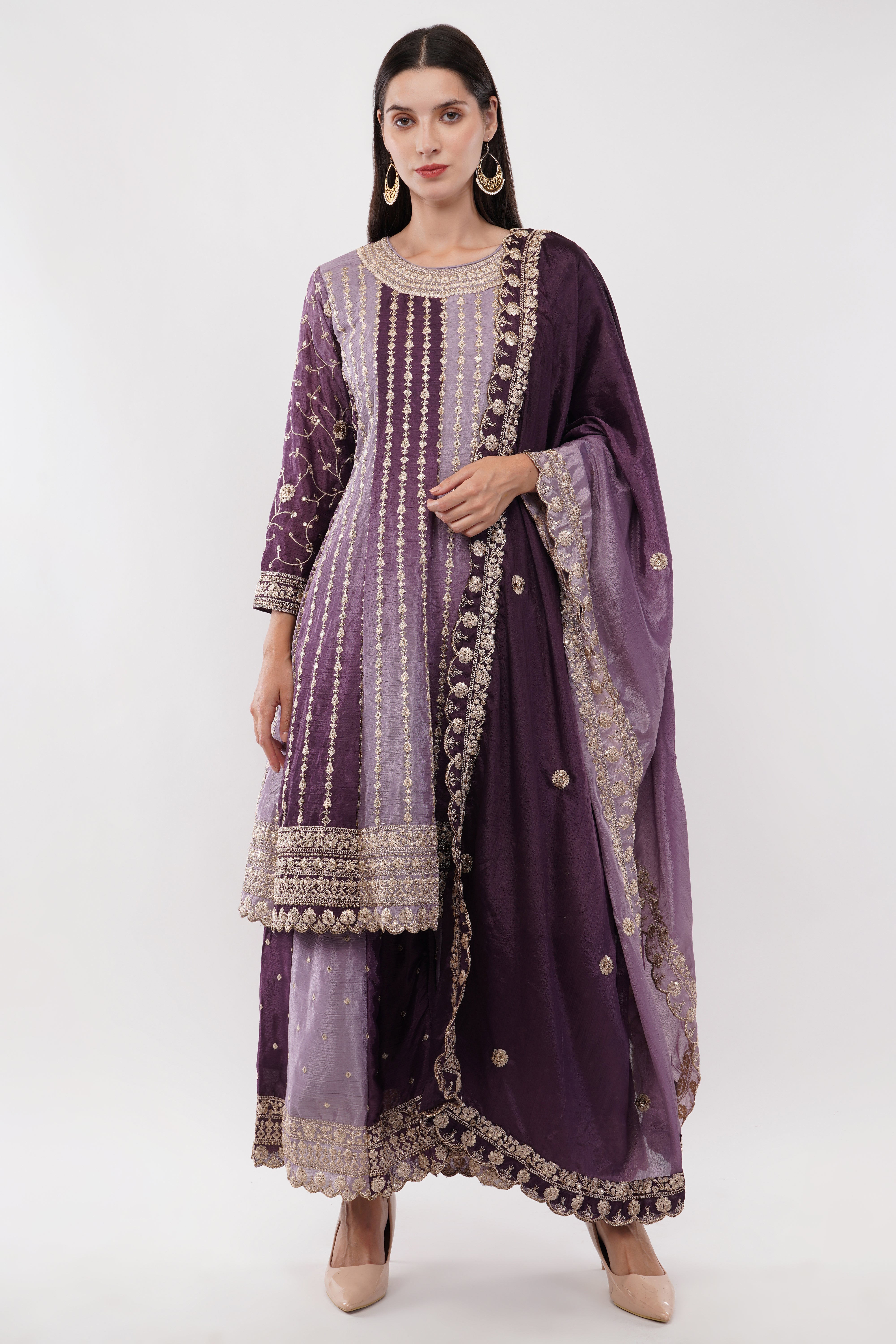 Purple Chinon Fabric Embroidered Suit With Flared Pants & Dupatta - Set Of 3