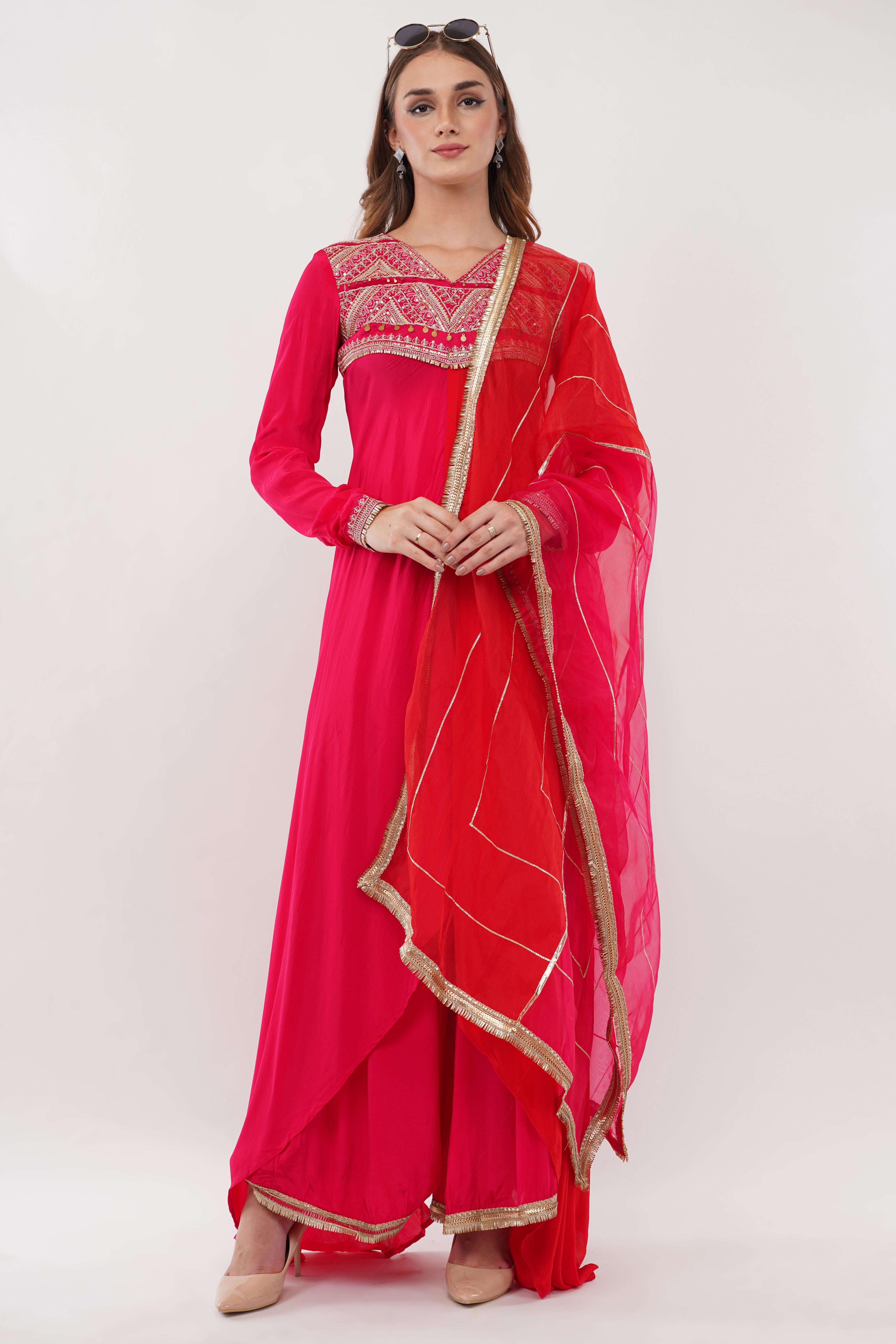 Red Kurta & Bottom Natural Crepe Dupatta Organza Flared Suit - Set Of 3