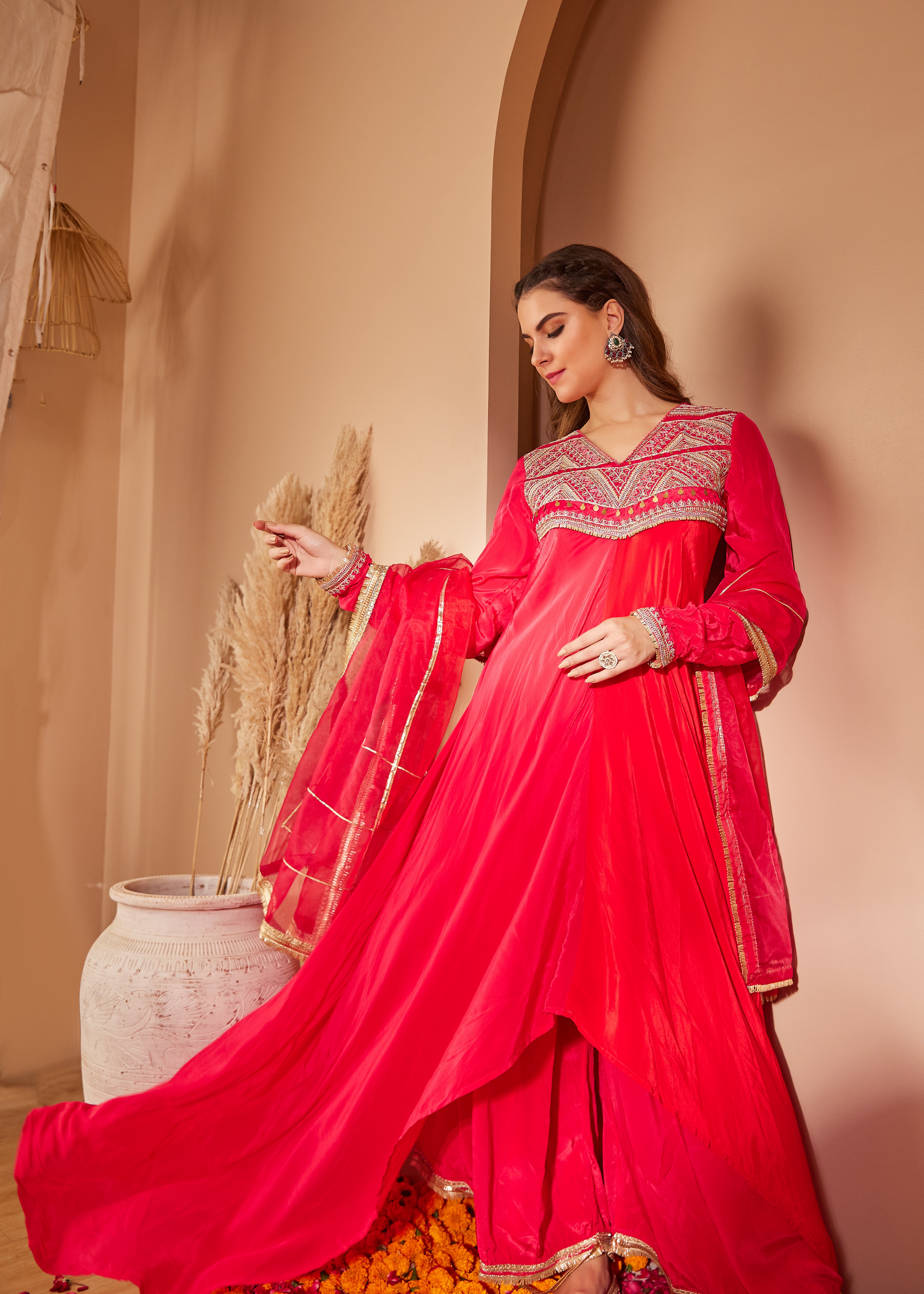 Red Kurta & Bottom Natural Crepe Dupatta Organza Flared Suit - Set Of 3