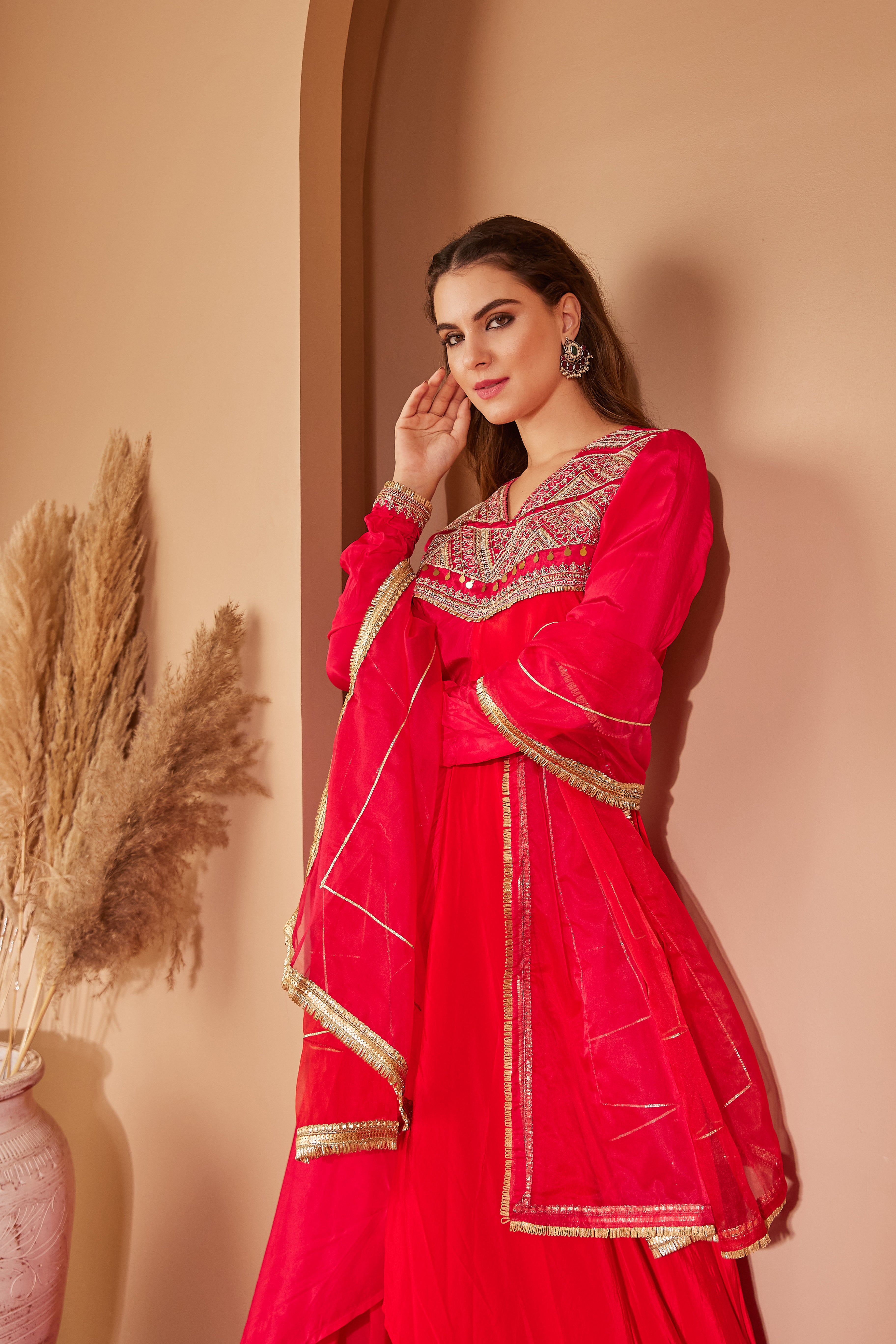 Red Kurta & Bottom Natural Crepe Dupatta Organza Flared Suit - Set Of 3