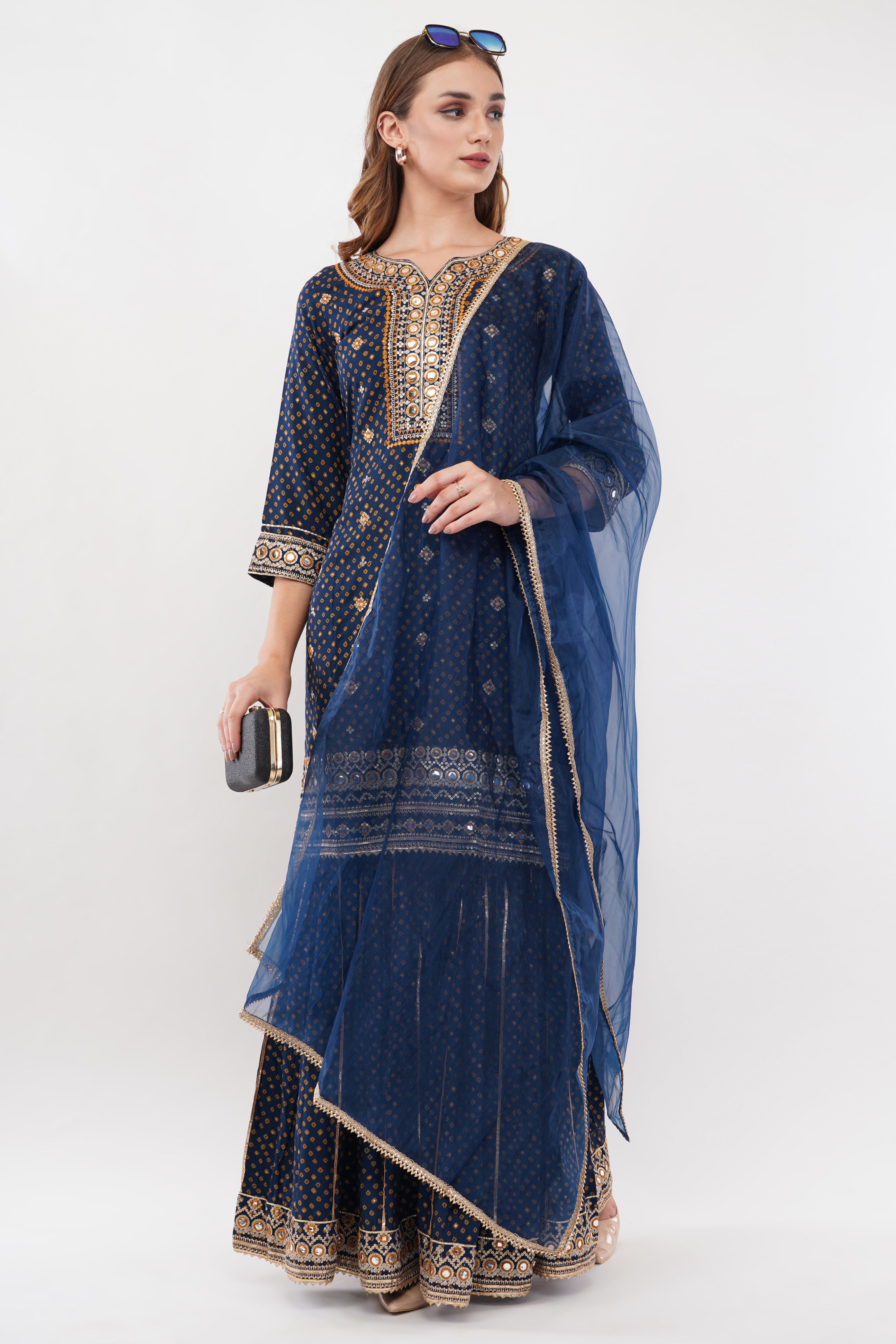 Navy Blue Kurta & Bottom Pure Muslin Dupatta Organza Suit - Set Of 3