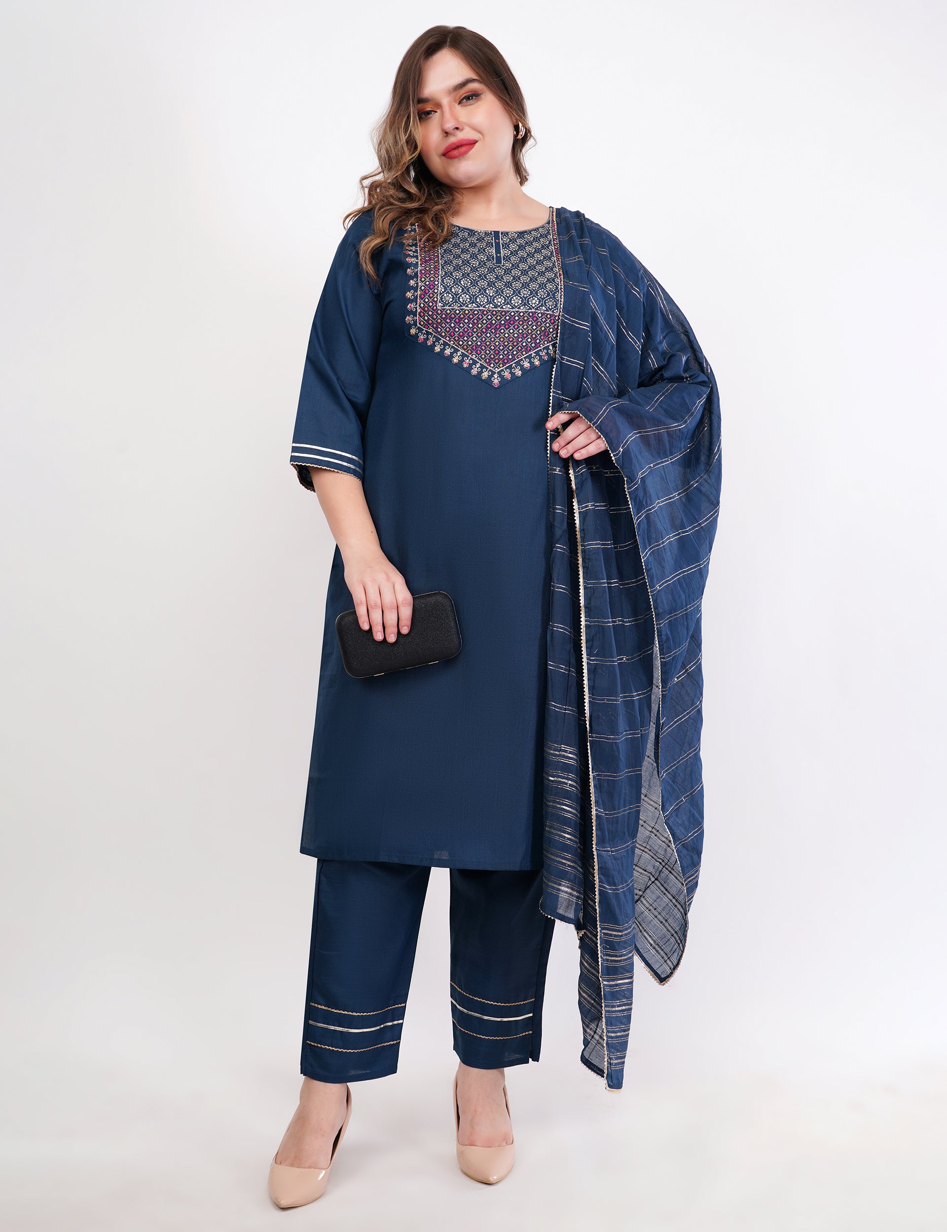 Navy Blue Cotton Fabric Suit Set With Embroidered Yoke - Set Of 3