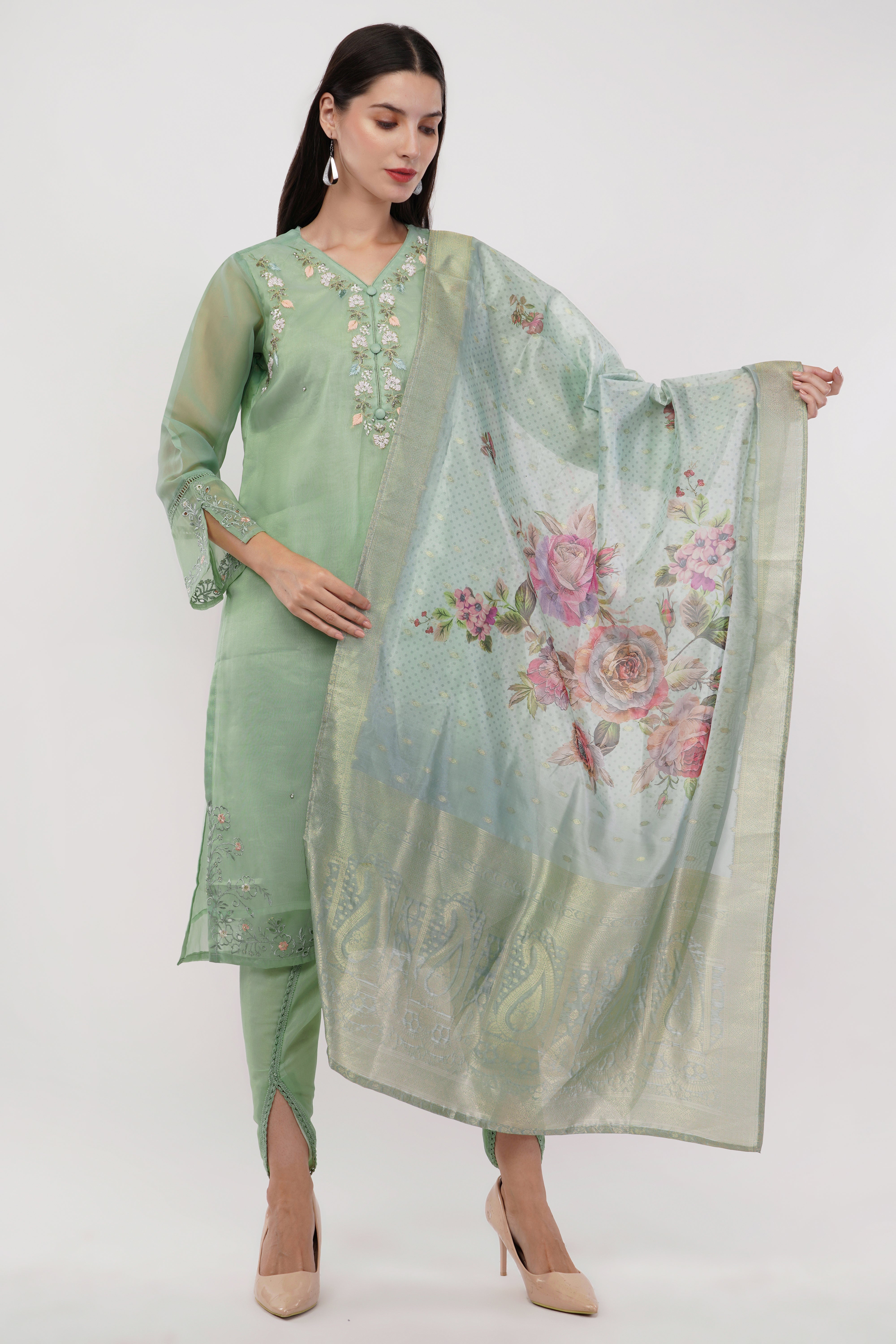 Sage Green Shimmer Organza Embroidered Suit, Tulip Pants & Jacquard Dupatta - Set Of 3