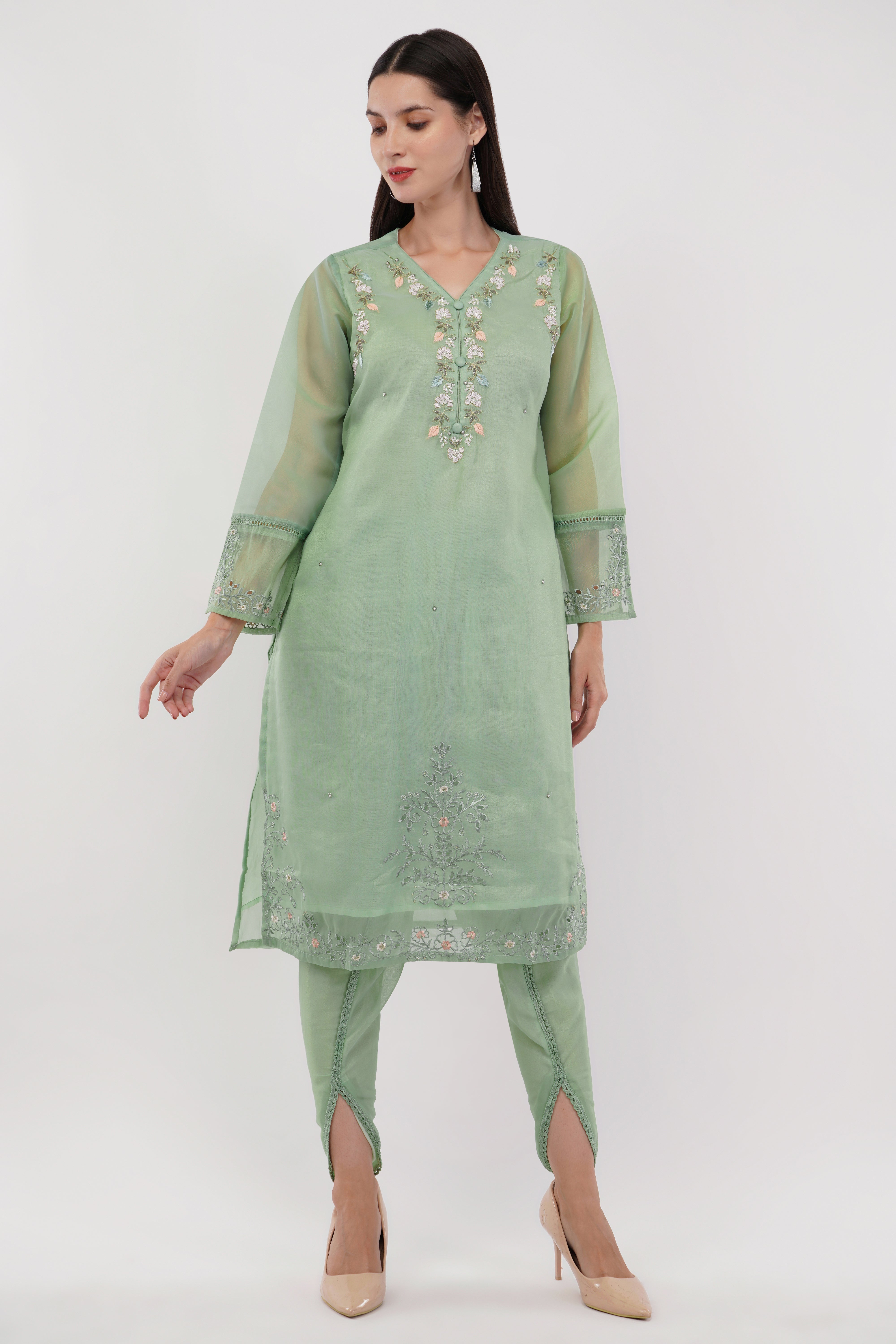 Sage Green Shimmer Organza Embroidered Suit, Tulip Pants & Jacquard Dupatta - Set Of 3