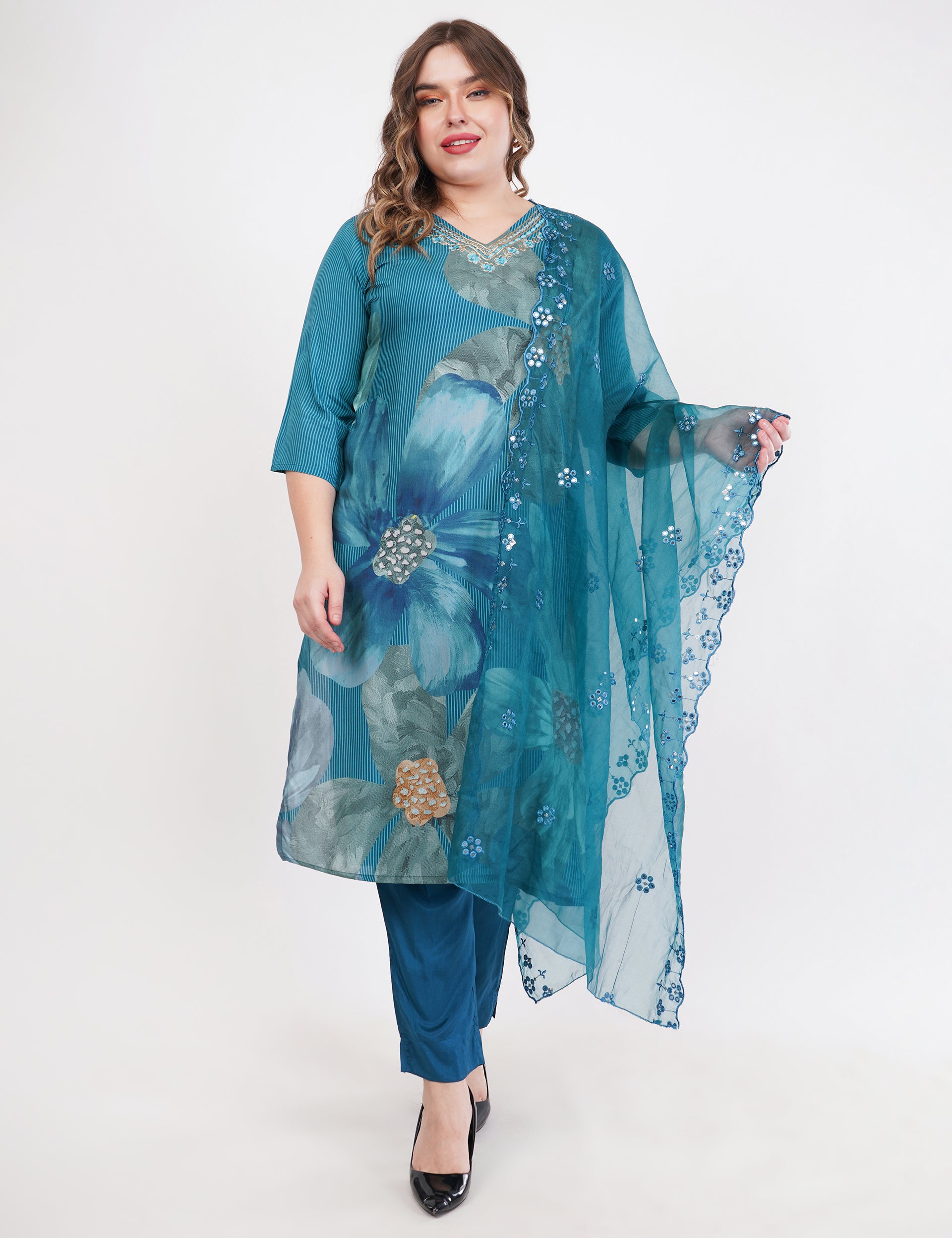 Muslin Organza Dupatta With Digital Printed Teal Blue Suit - Set Of 3