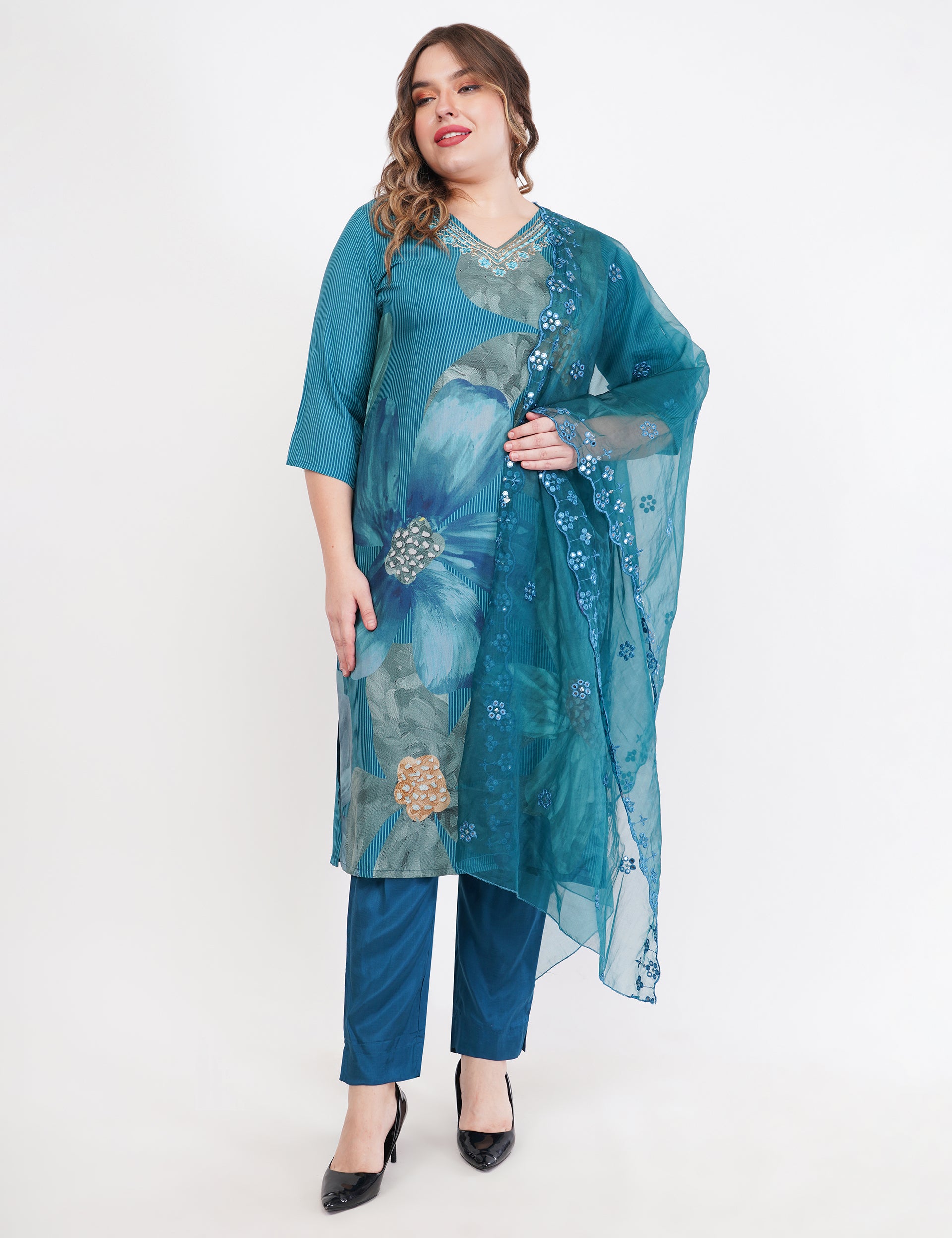 Muslin Organza Dupatta With Digital Printed Teal Blue Suit - Set Of 3