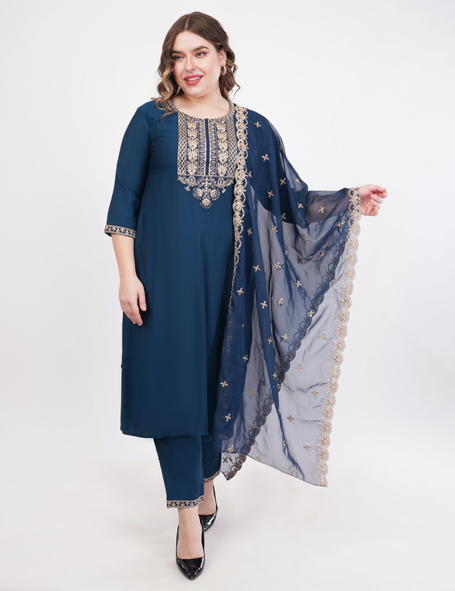 Teal Blue Silk Straight Suit With Dupatta - Set Of 3