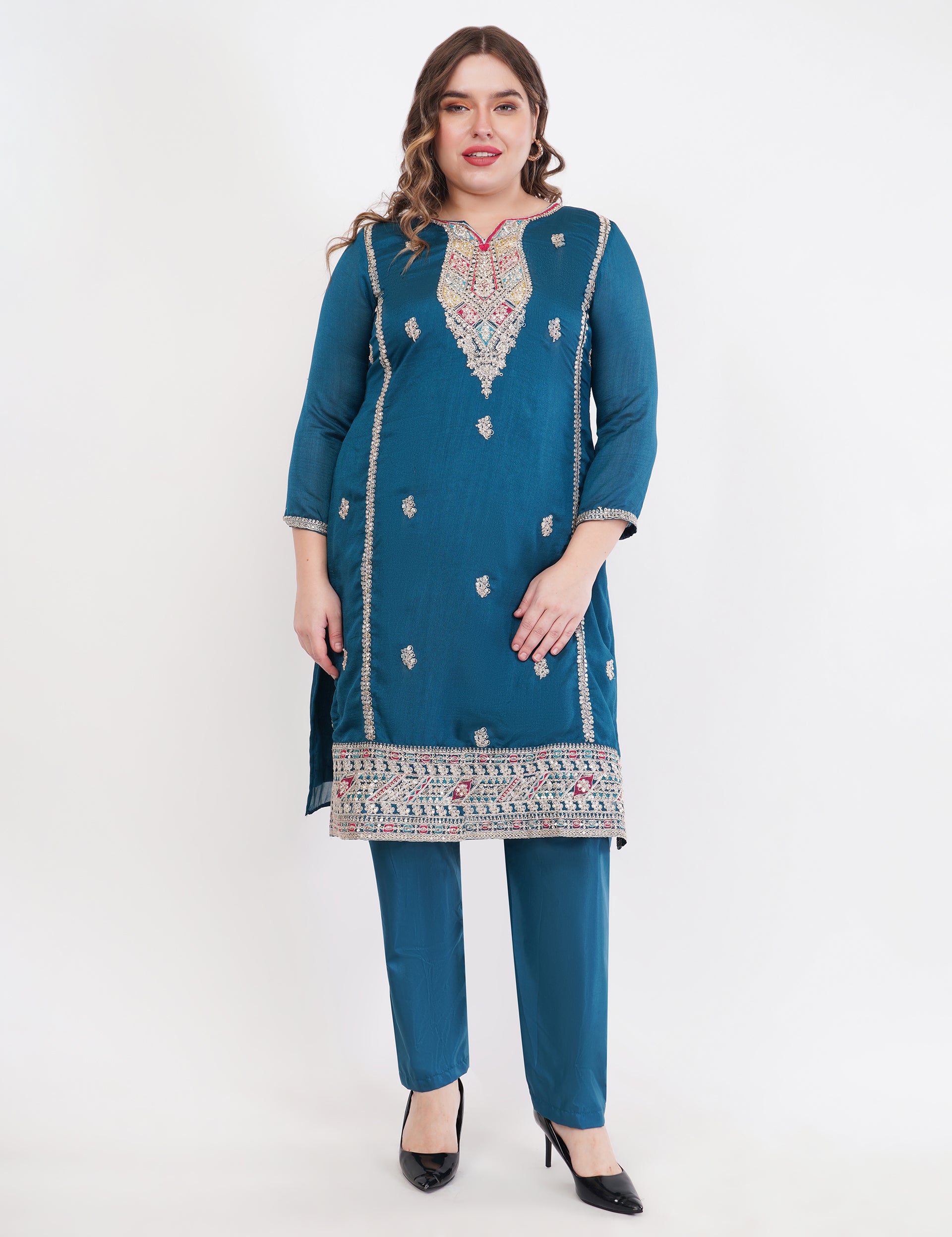 Teal Blue Vichitra Silk Suit With Multi Thread & Zari Embroidery Stitch - Set Of 3