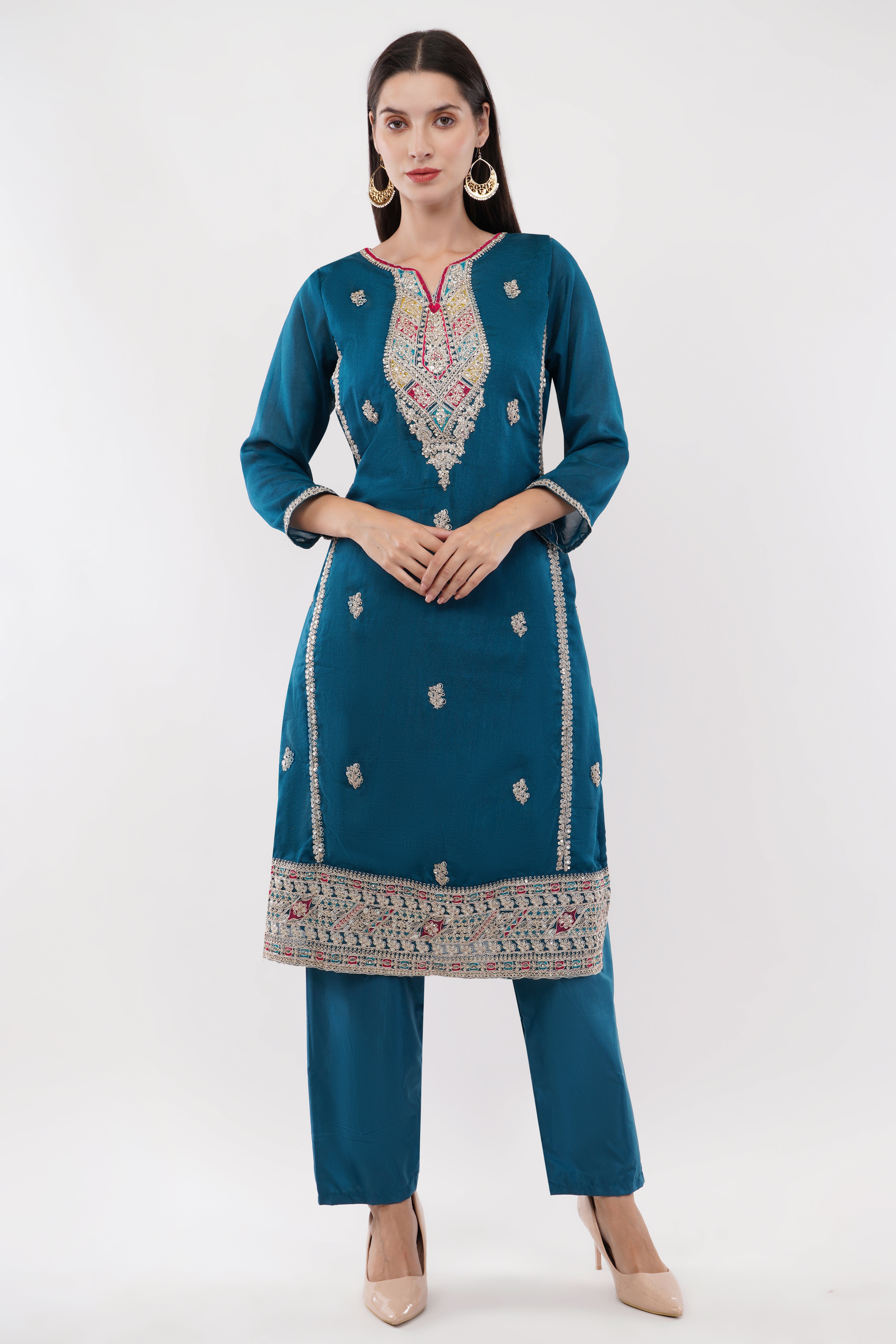 Teal Blue Vichitra Silk Suit With Multi Thread & Zari Embroidery Stitch - Set Of 3