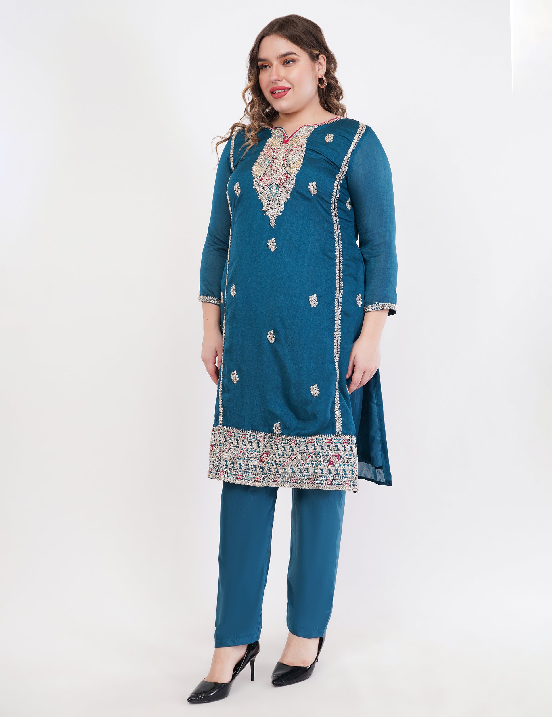 Teal Blue Vichitra Silk Suit With Multi Thread & Zari Embroidery Stitch - Set Of 3