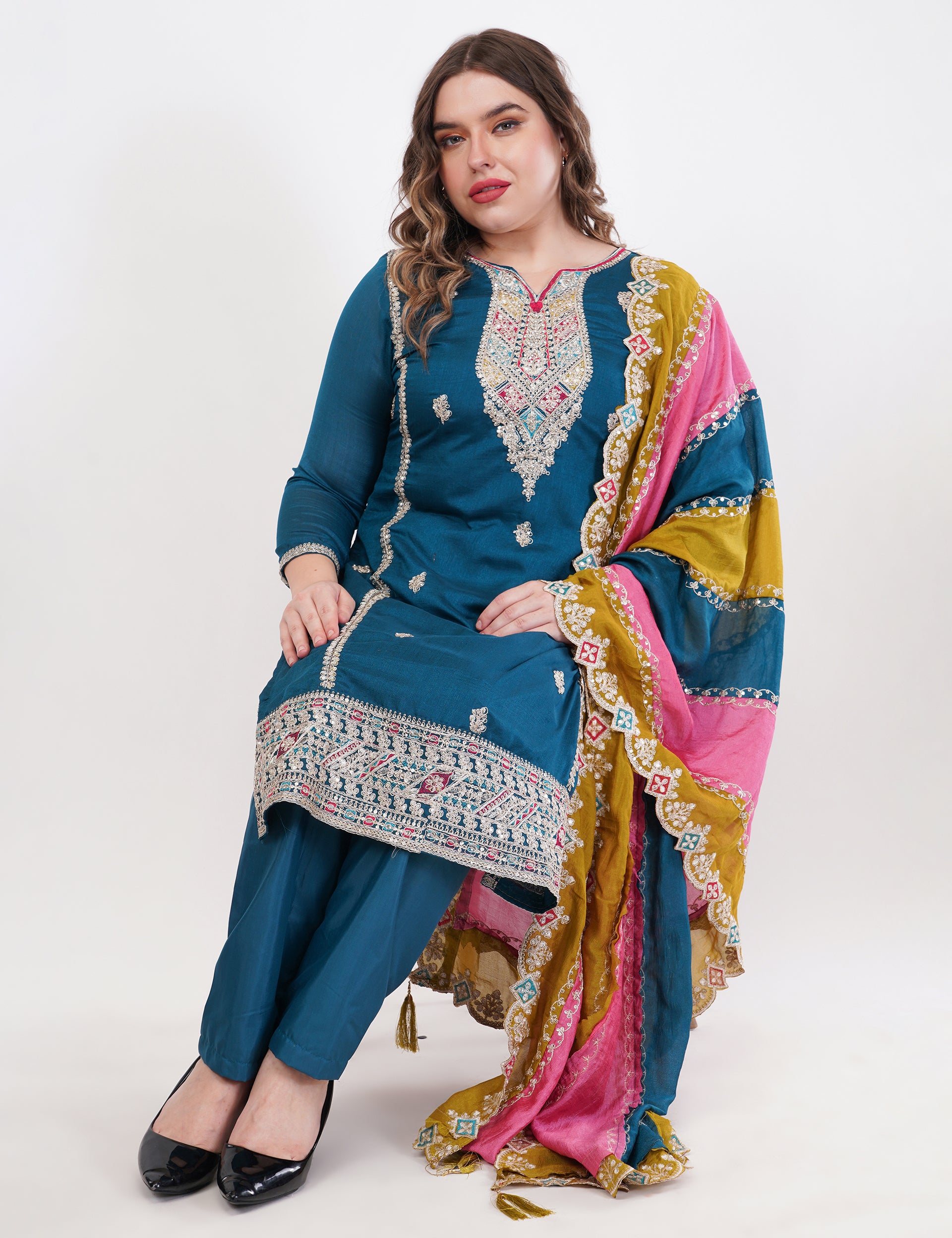 Teal Blue Vichitra Silk Suit With Multi Thread & Zari Embroidery Stitch - Set Of 3