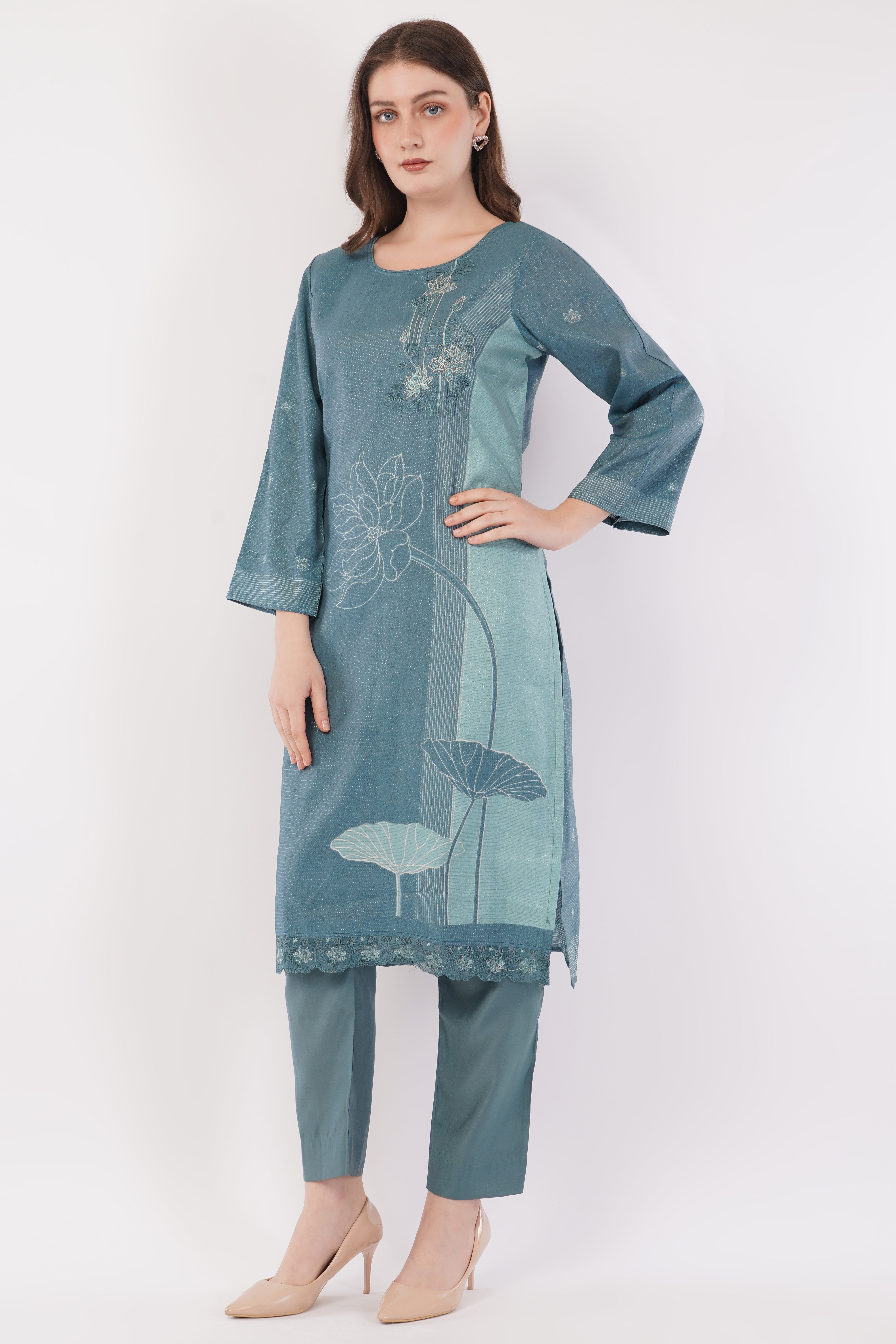 Teal Blue Abstract Printed Suit Set - Set Of 3