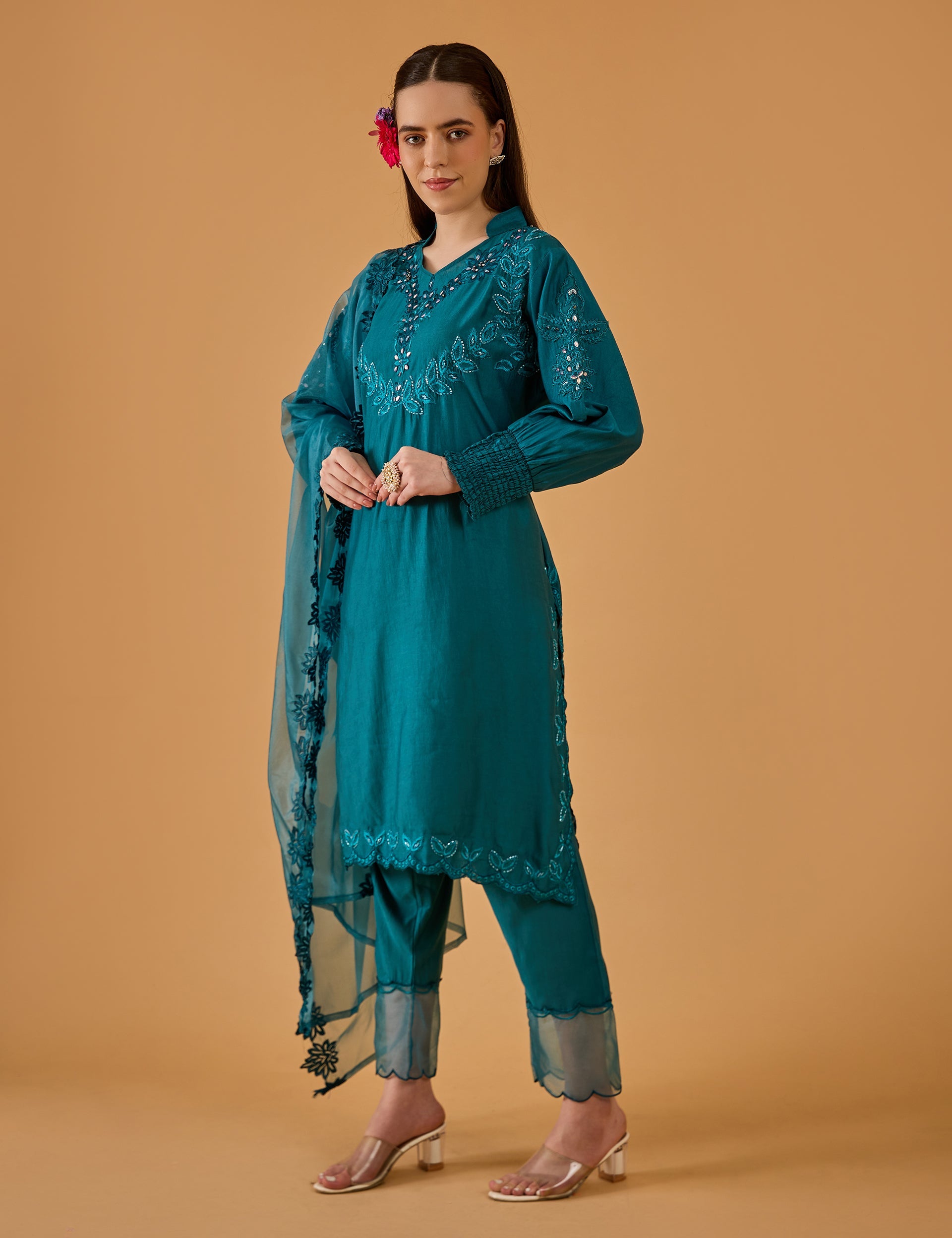 dhartii  Teal Blue Embroidered Suit Set