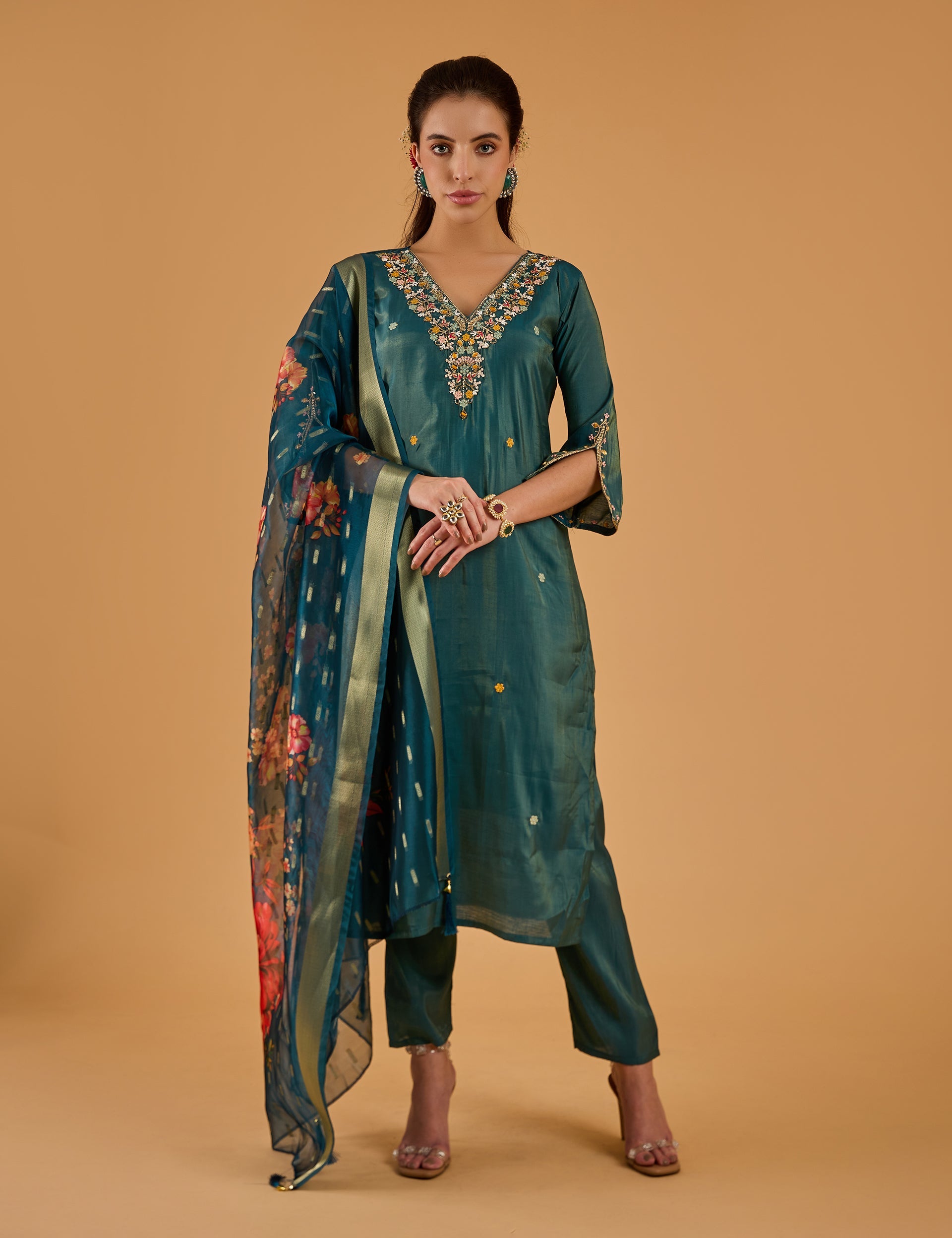 dhartii  Metallic teal Blue Embroidered Silk Tissue Kurta Set
