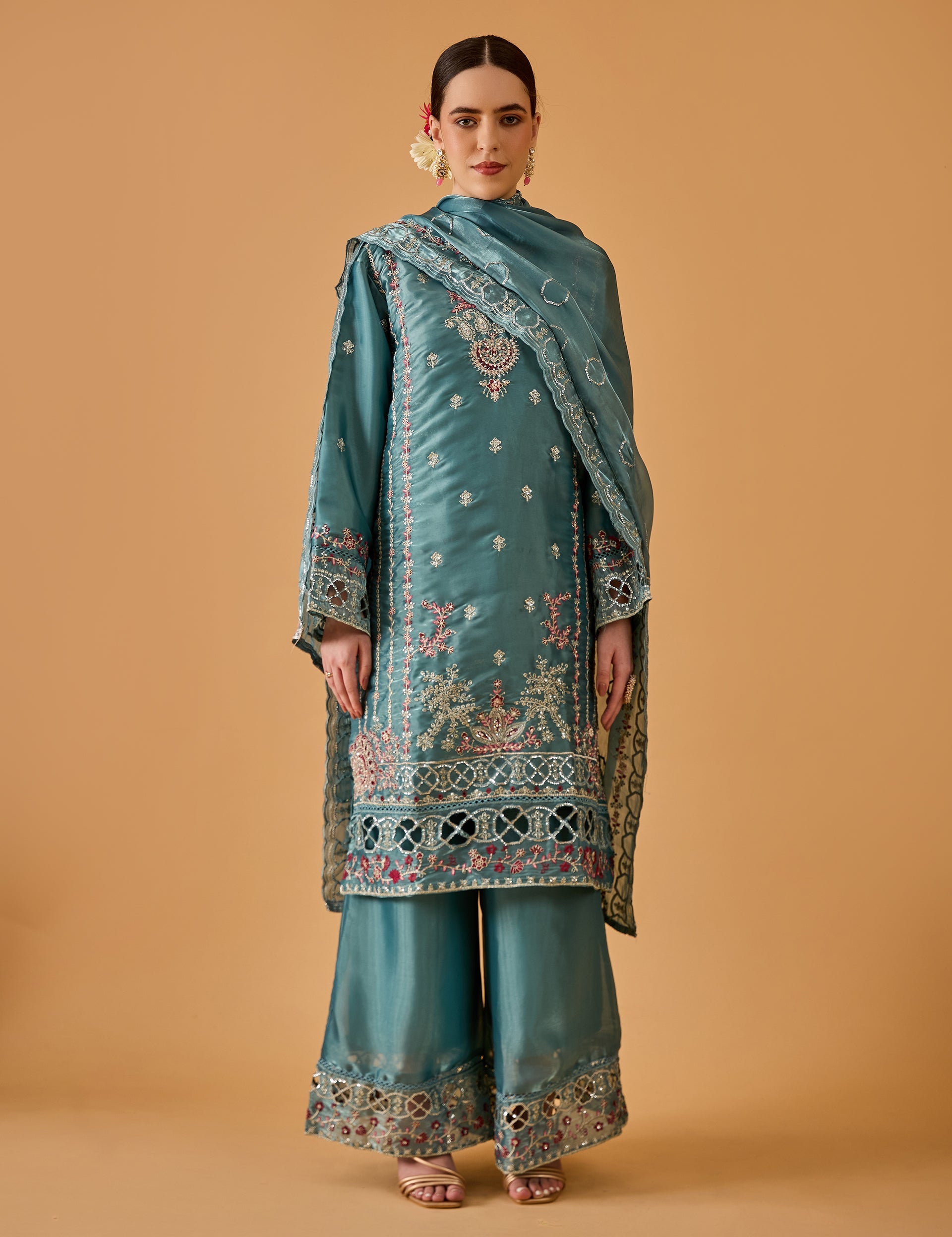 dhartii  Turquoise Elegance Embroidered Organza Sharara Set