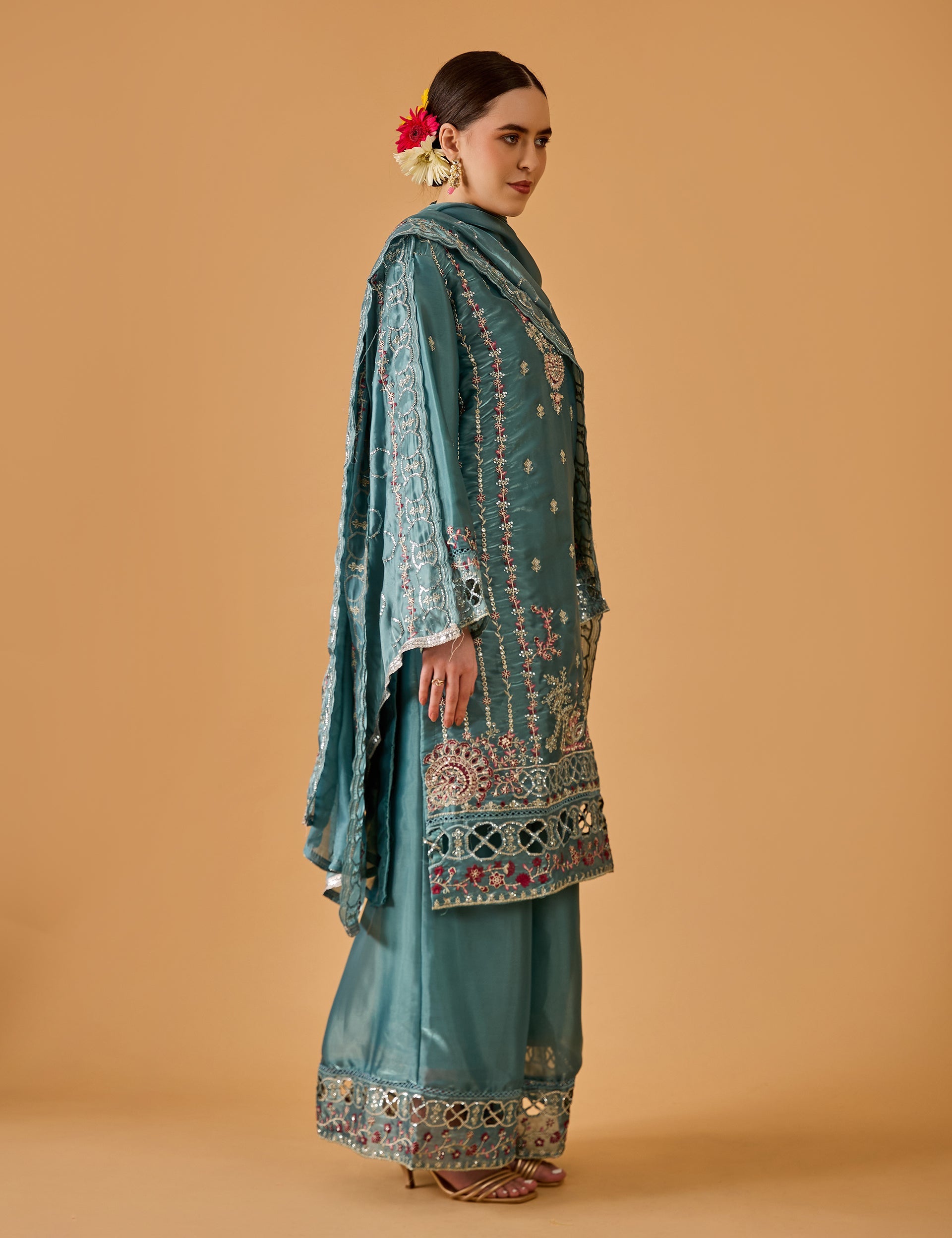 dhartii  Turquoise Elegance Embroidered Organza Sharara Set