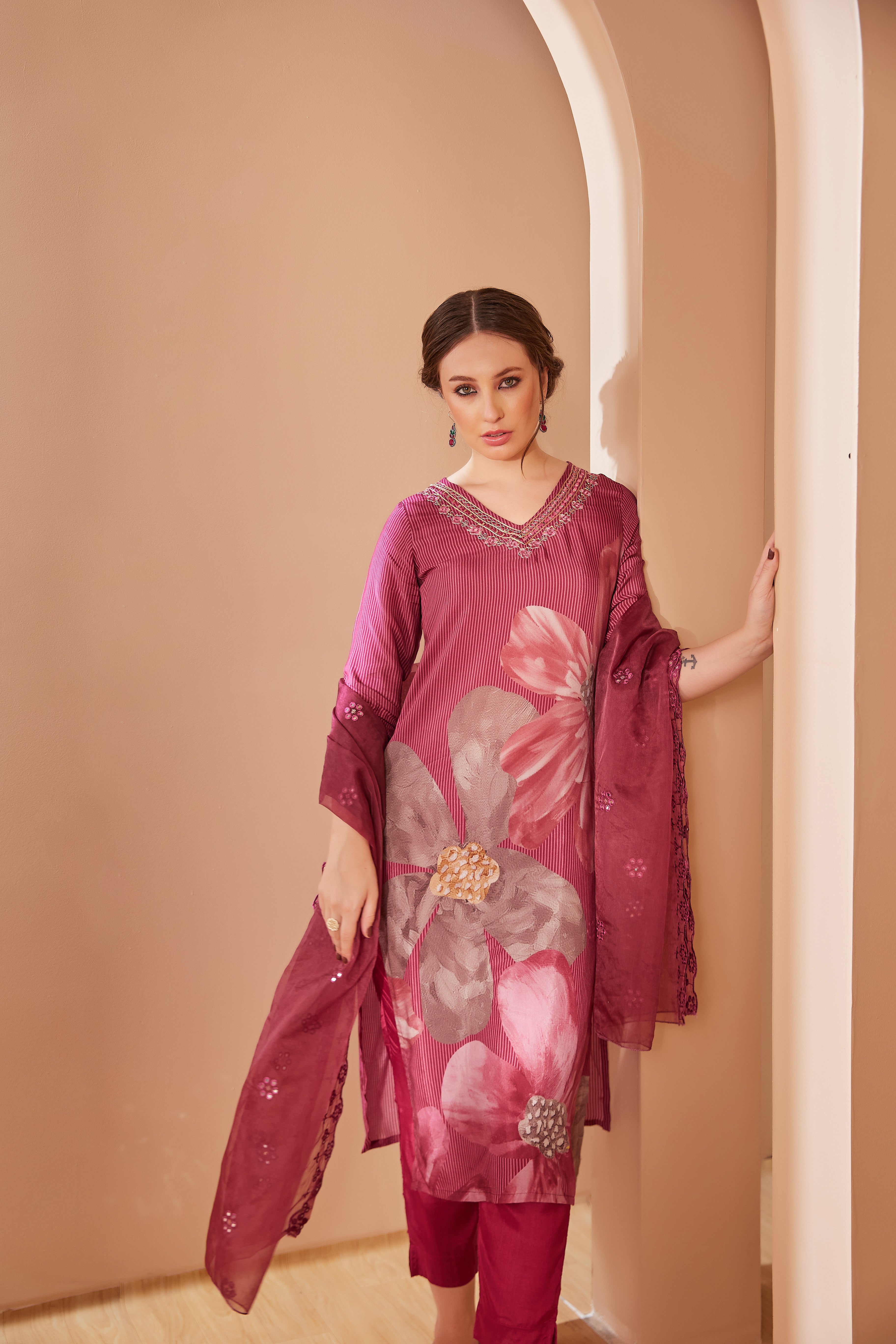 Muslin Organza Dupatta With Digital Printed Wine Suit - Set Of 3