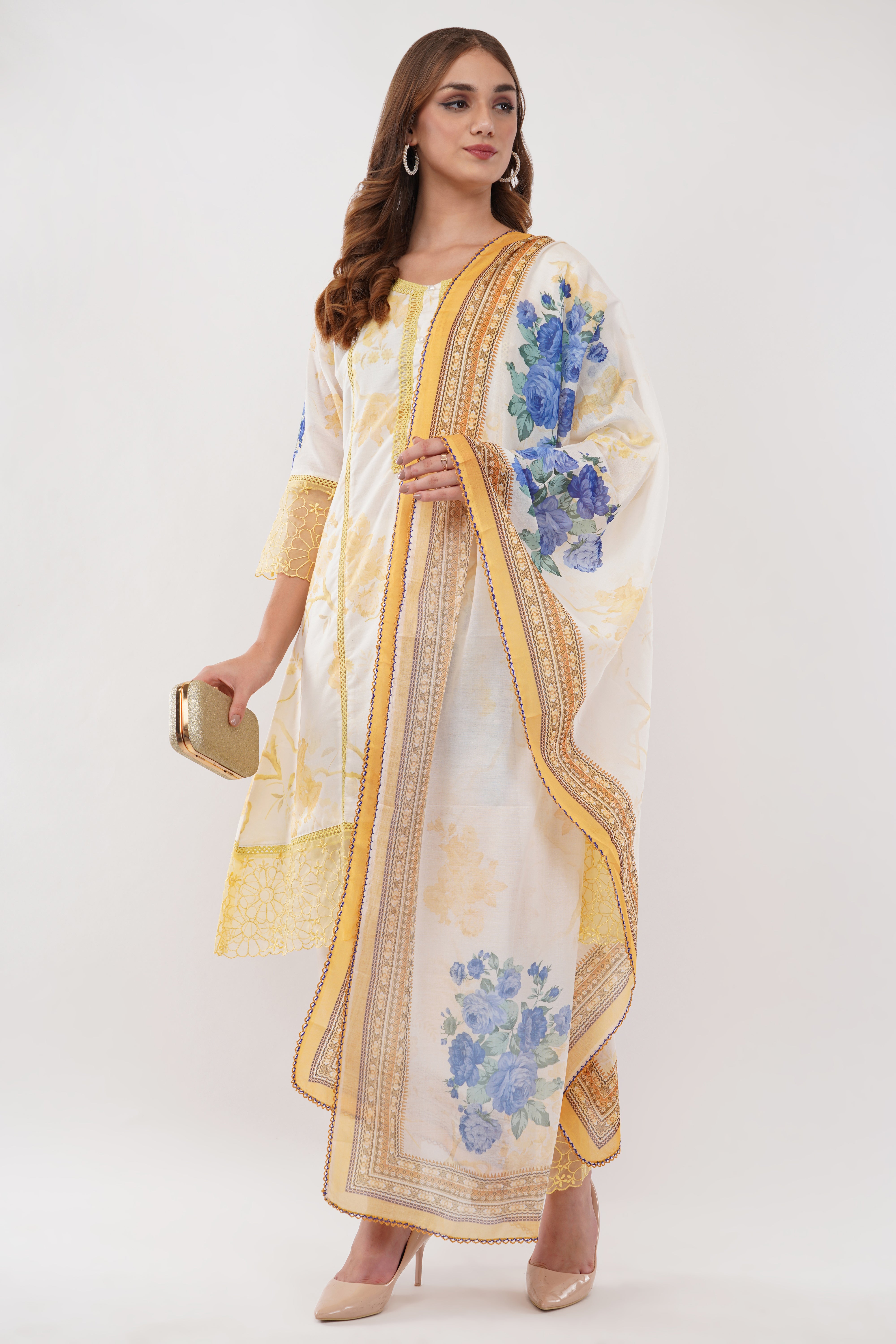 Yellow Short Printed Suit Set & Dupatta, With Sheer Details - Set Of 3