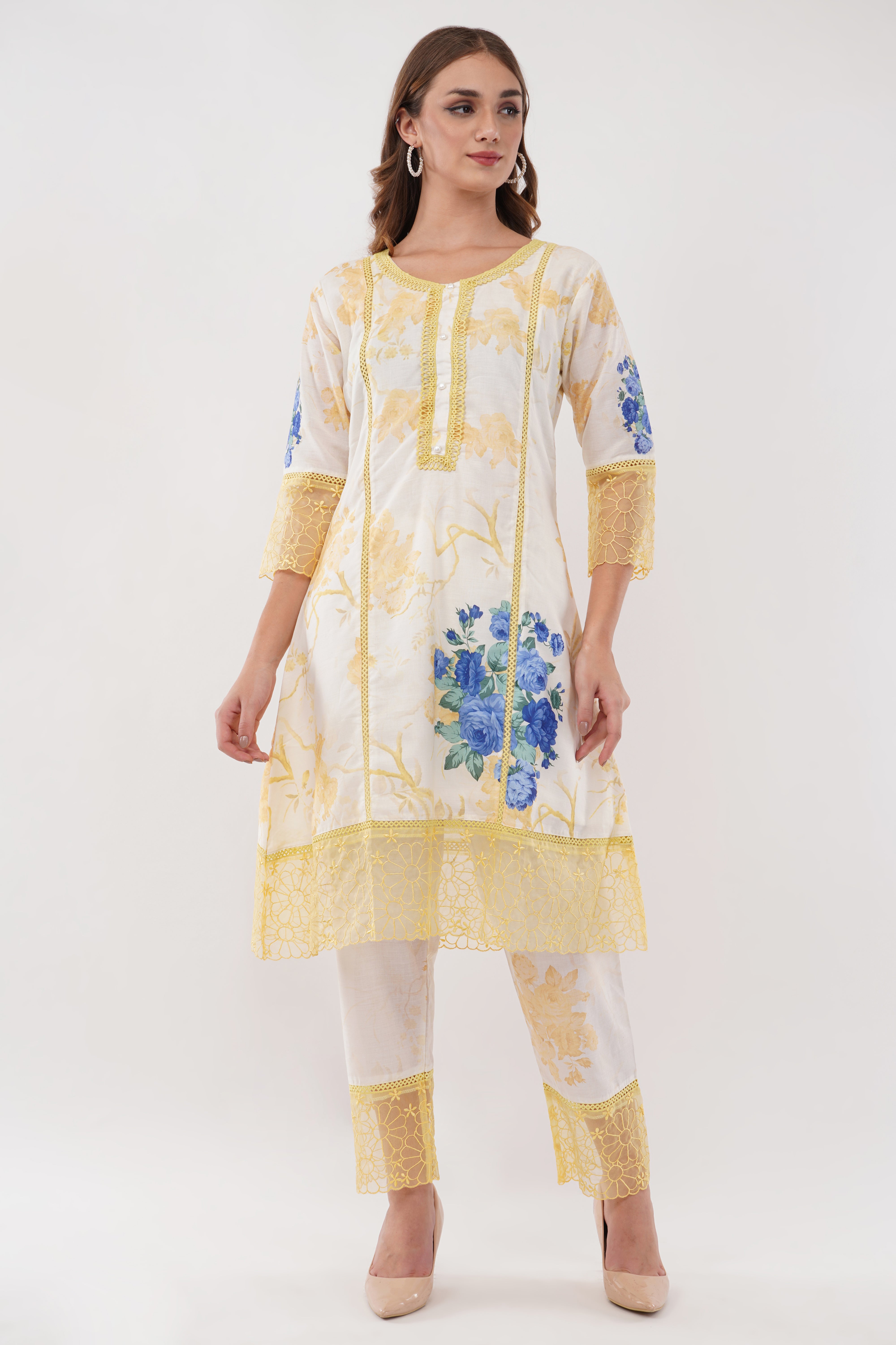 Yellow Short Printed Suit Set & Dupatta, With Sheer Details - Set Of 3