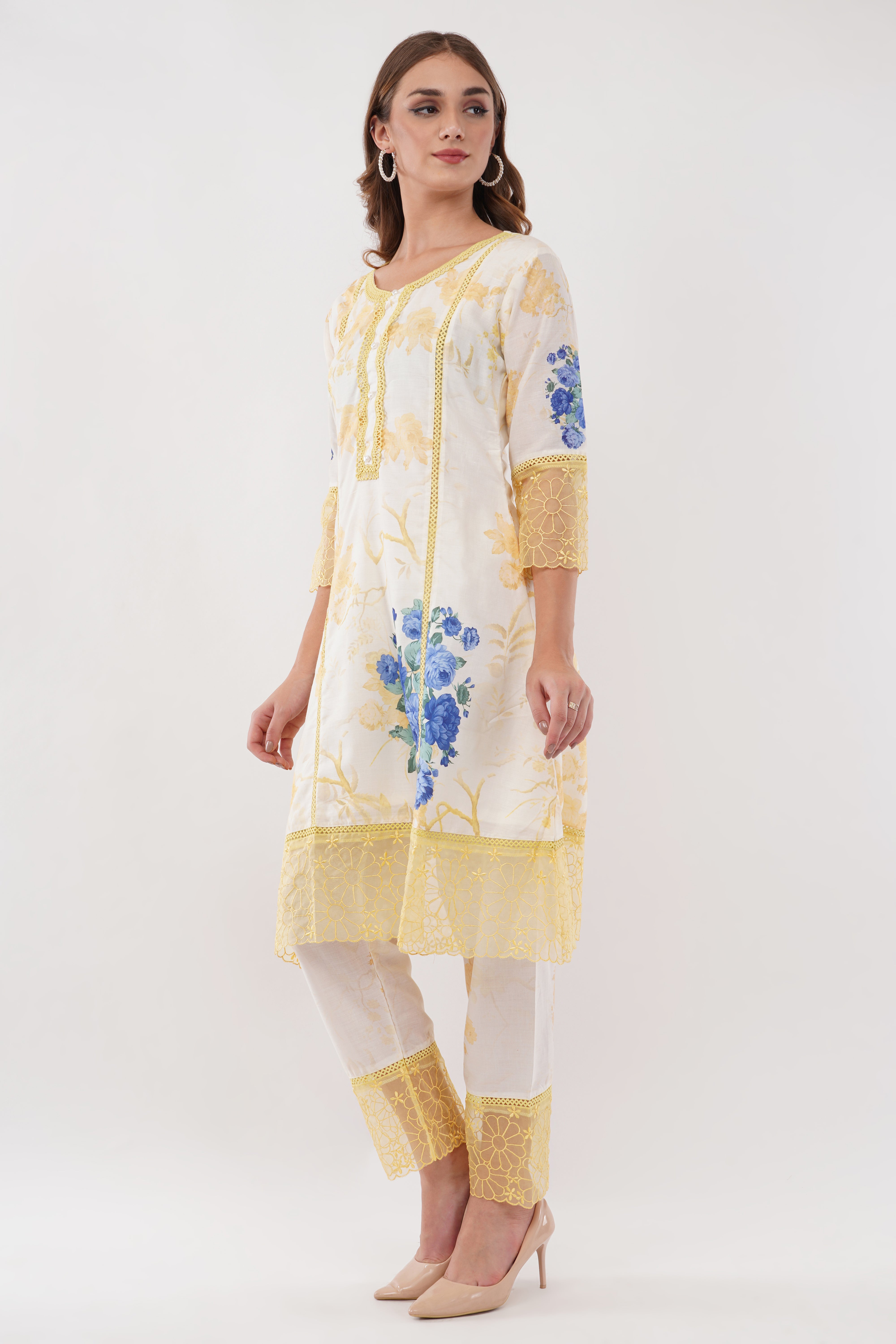 Yellow Short Printed Suit Set & Dupatta, With Sheer Details - Set Of 3