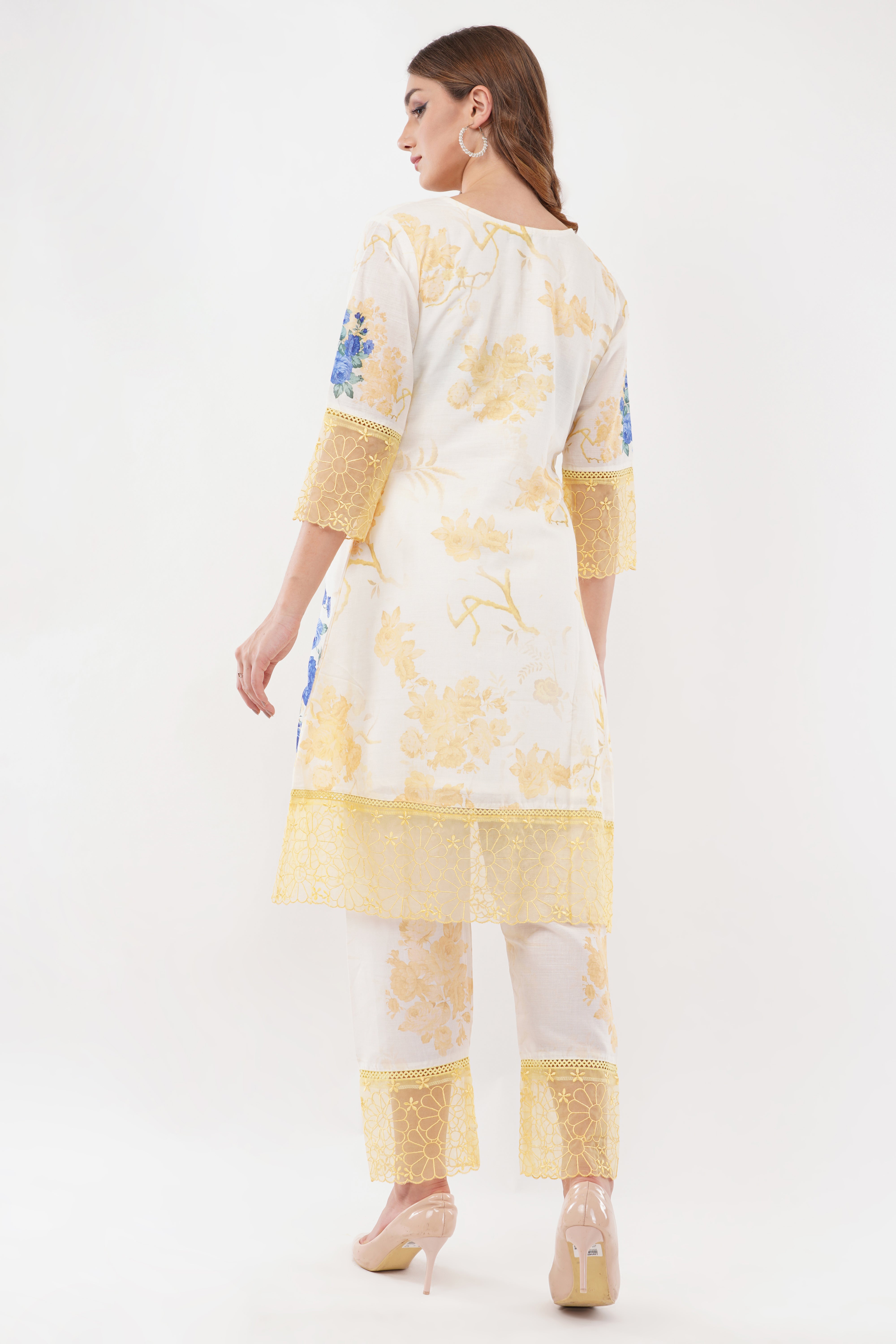 Yellow Short Printed Suit Set & Dupatta, With Sheer Details - Set Of 3