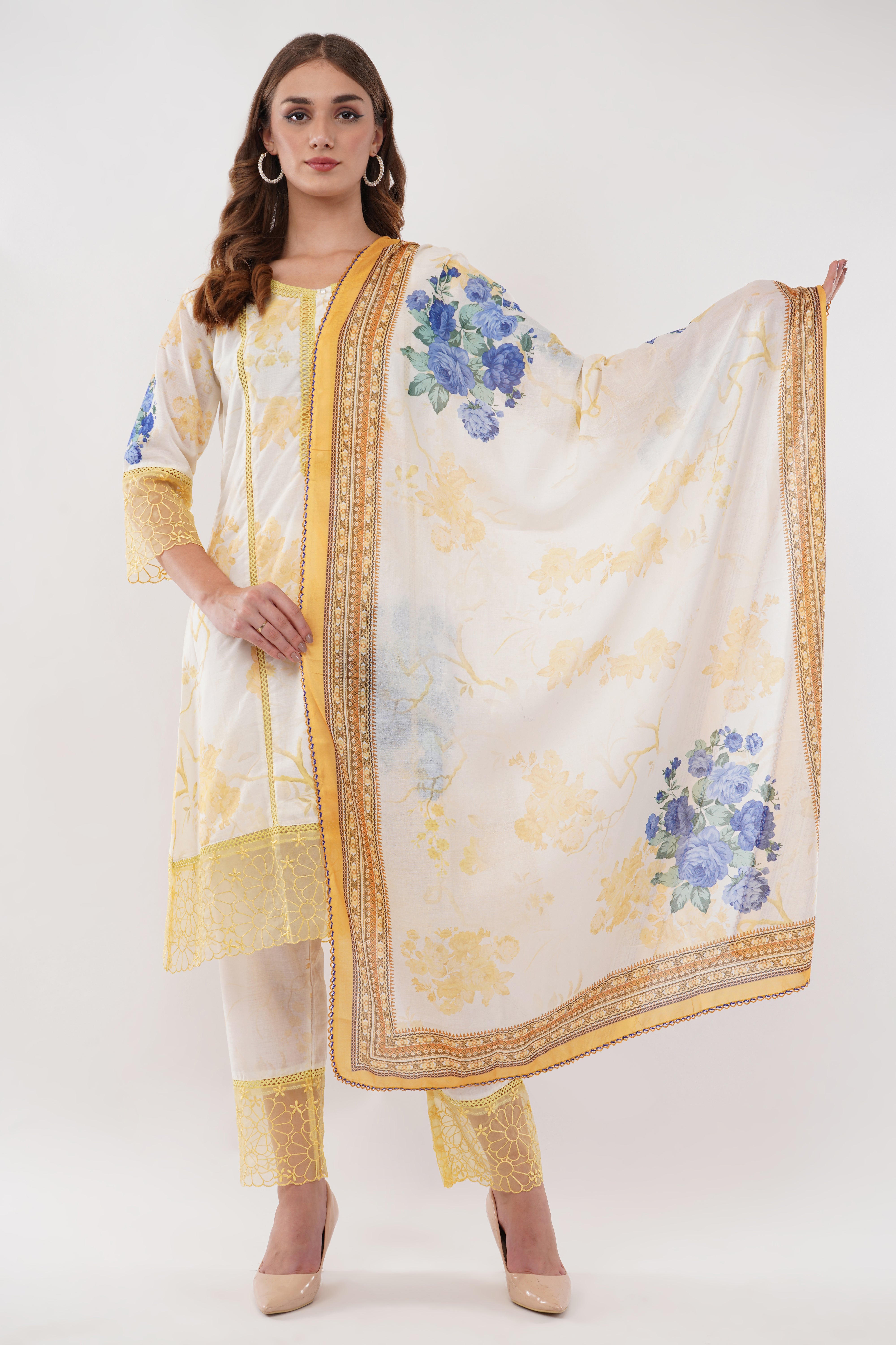 Yellow Short Printed Suit Set & Dupatta, With Sheer Details - Set Of 3