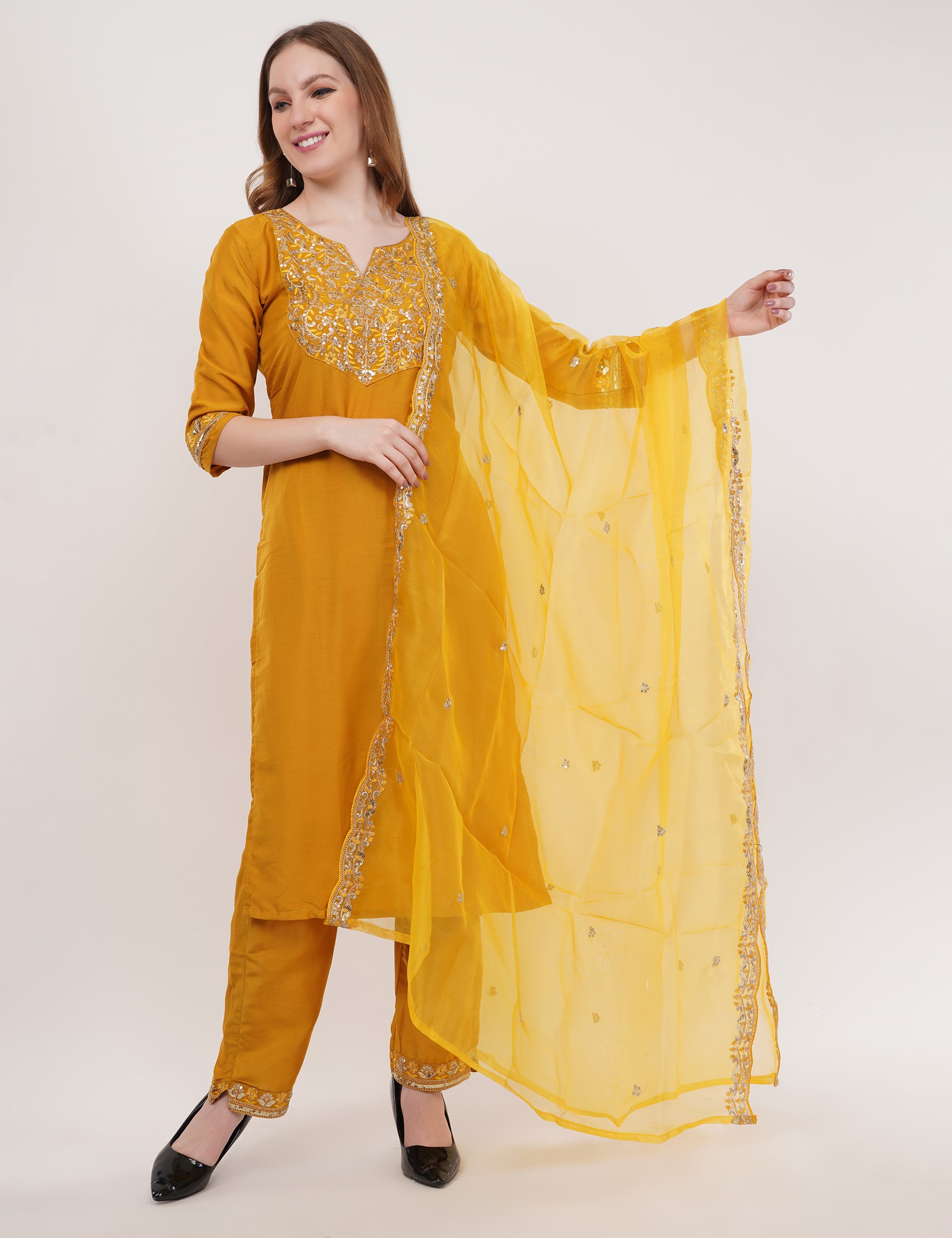 Yellow Embroidered Suit Set With Dupatta - Set Of 3