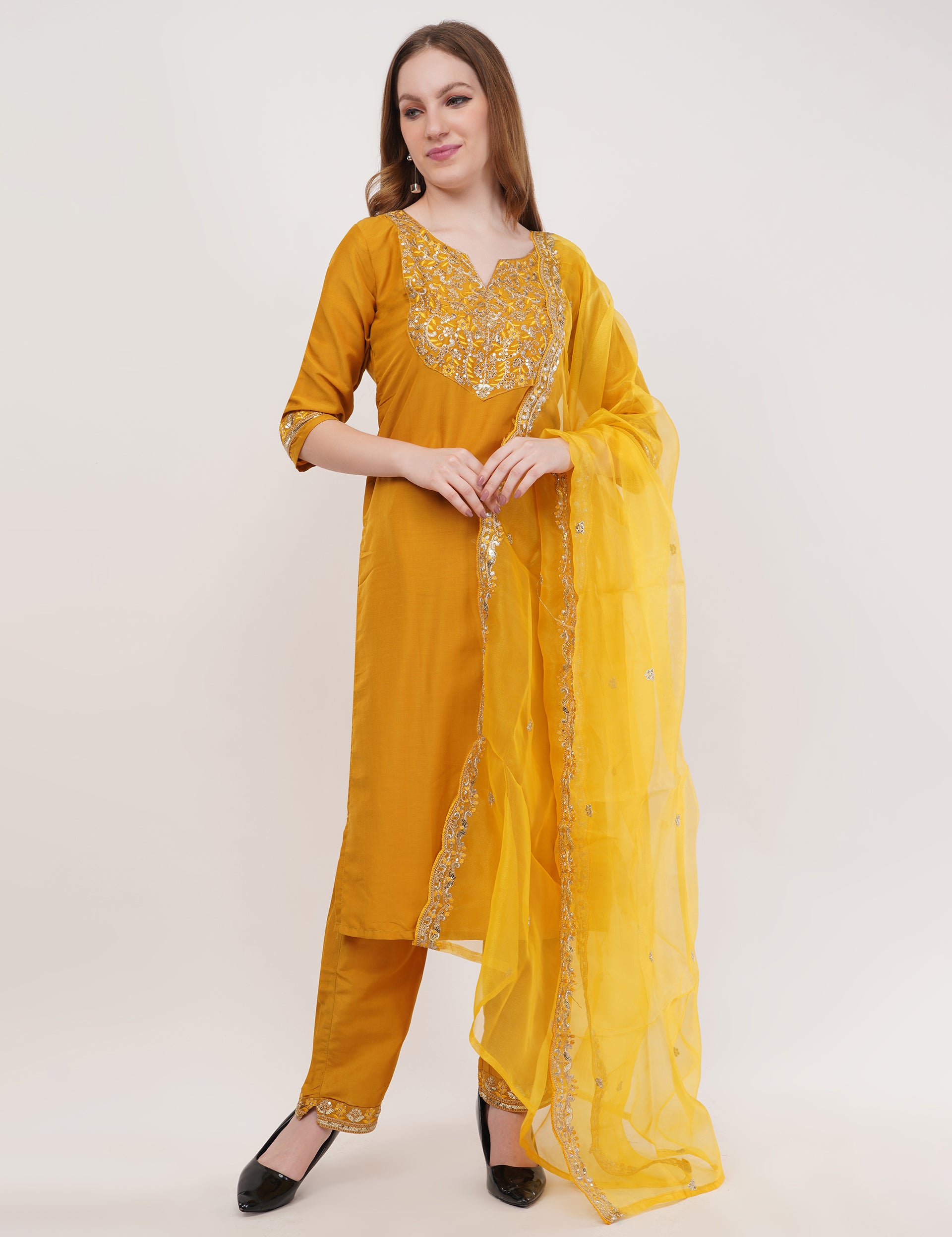 Yellow Embroidered Suit Set With Dupatta - Set Of 3