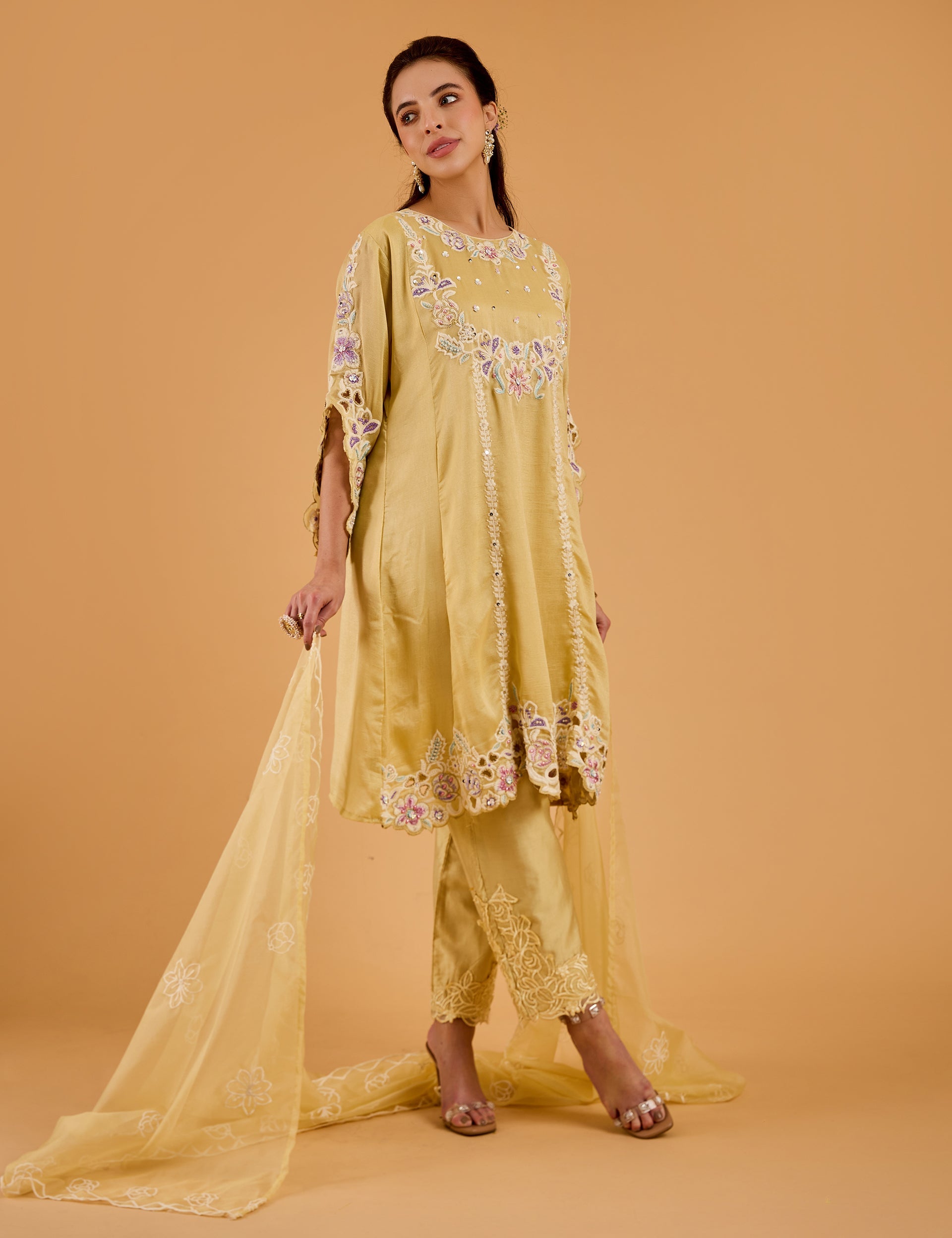 dhartii  Chalk Yellow Radiant Embroidered Chinnon Kurta Set