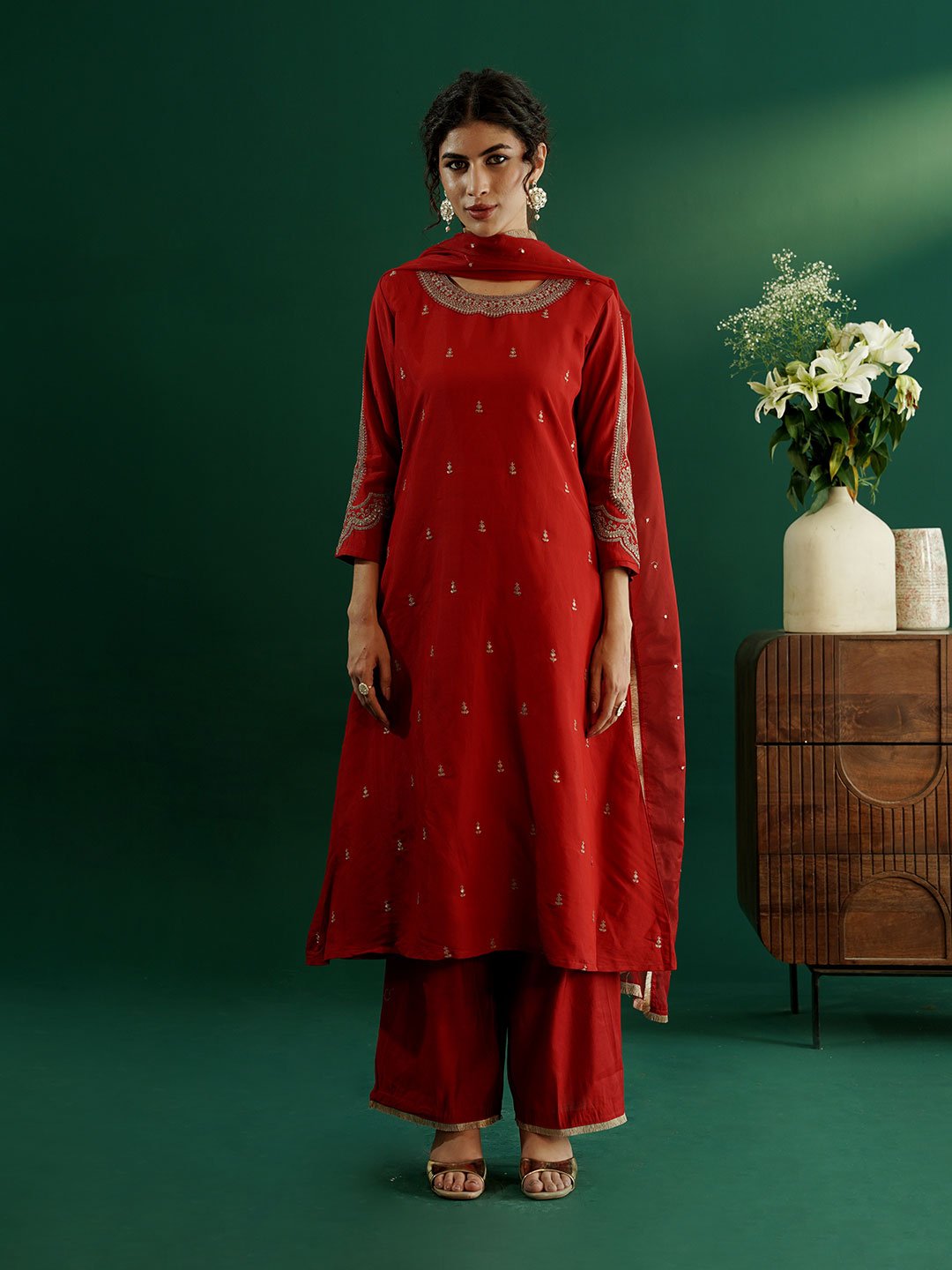 dhartii Festive Ready Modern A-Line Embroidered Sleeves Suit Set with Organza Dupatta and Palazzo (3 Piece Set)
