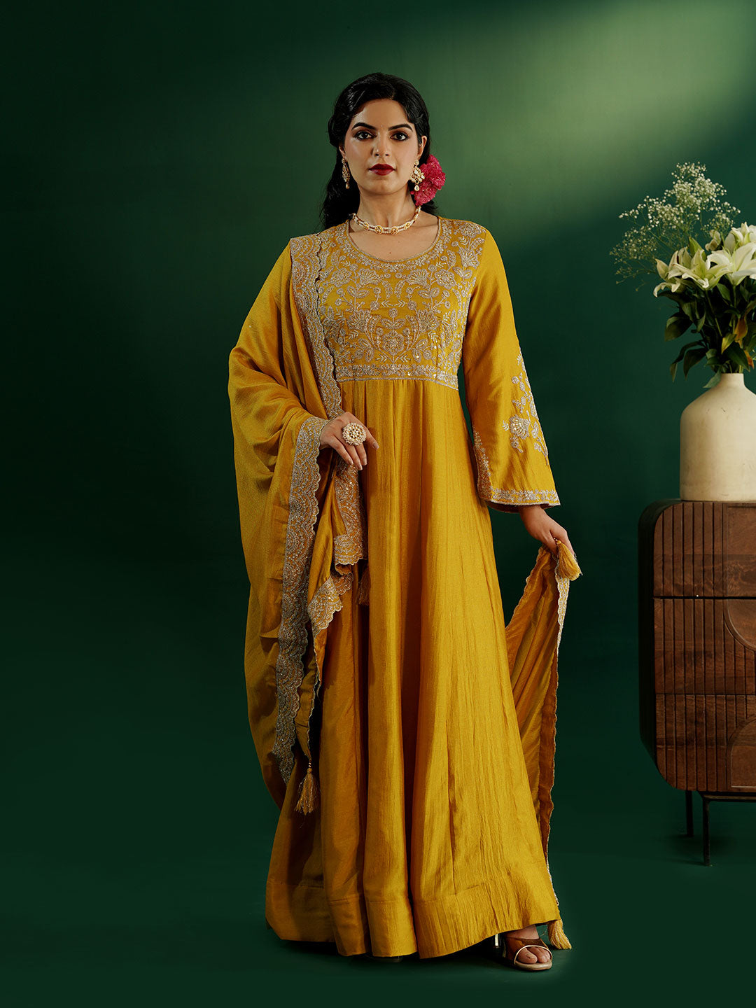 dhartii Opulent Yellow Intricate Embroidered Floor Length Anarkali Set with Scallopped Dupatta (2 Piece Set)