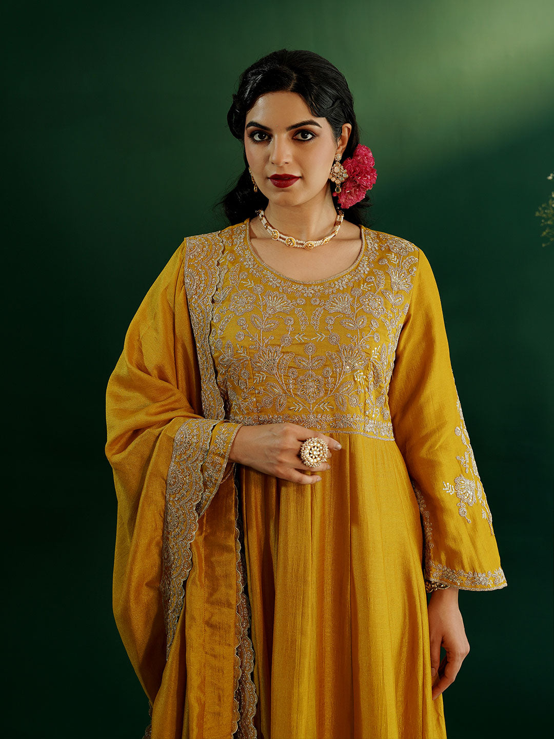 dhartii Opulent Yellow Intricate Embroidered Floor Length Anarkali Set with Scallopped Dupatta (2 Piece Set)