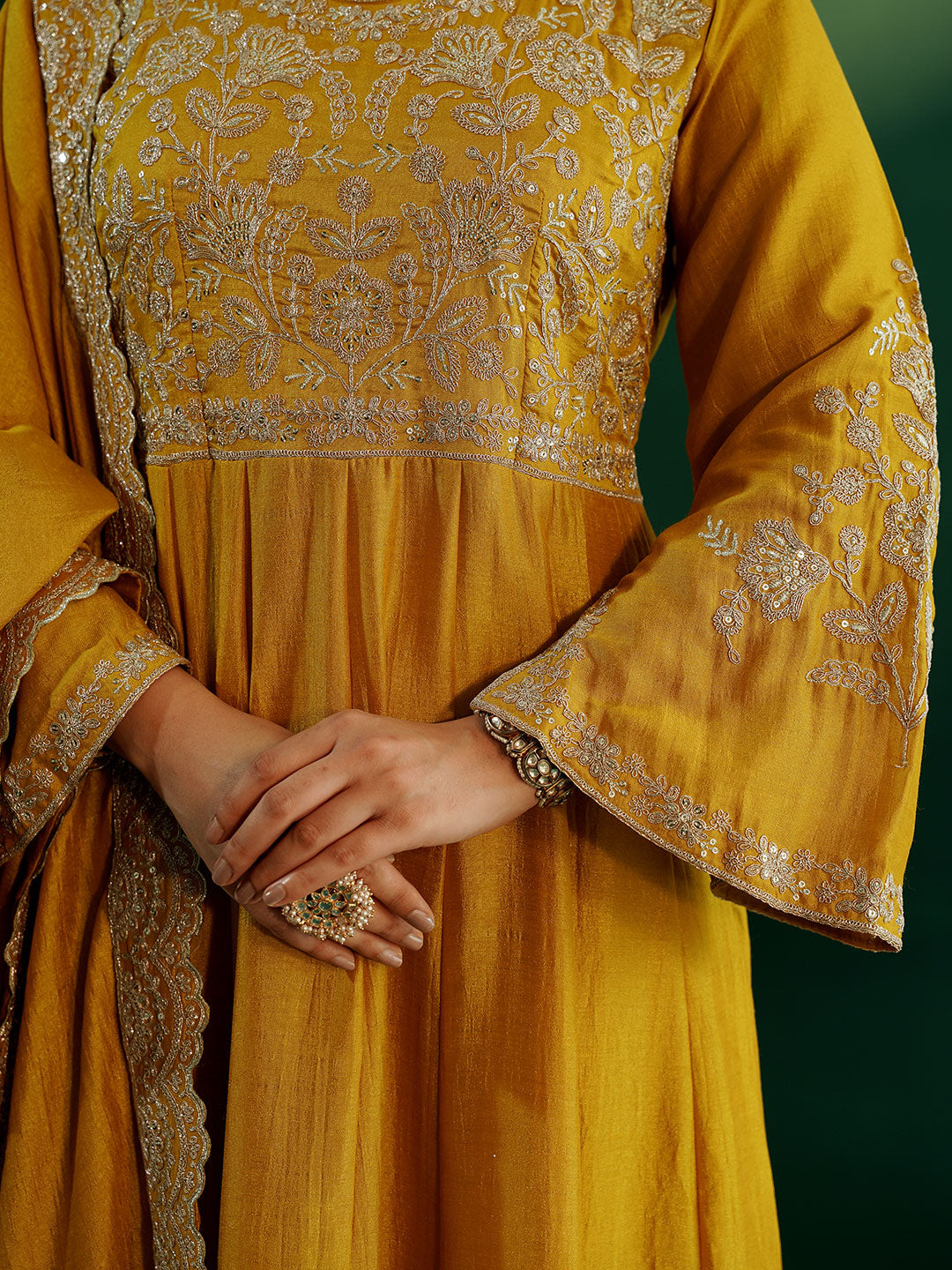 dhartii Opulent Yellow Intricate Embroidered Floor Length Anarkali Set with Scallopped Dupatta (2 Piece Set)