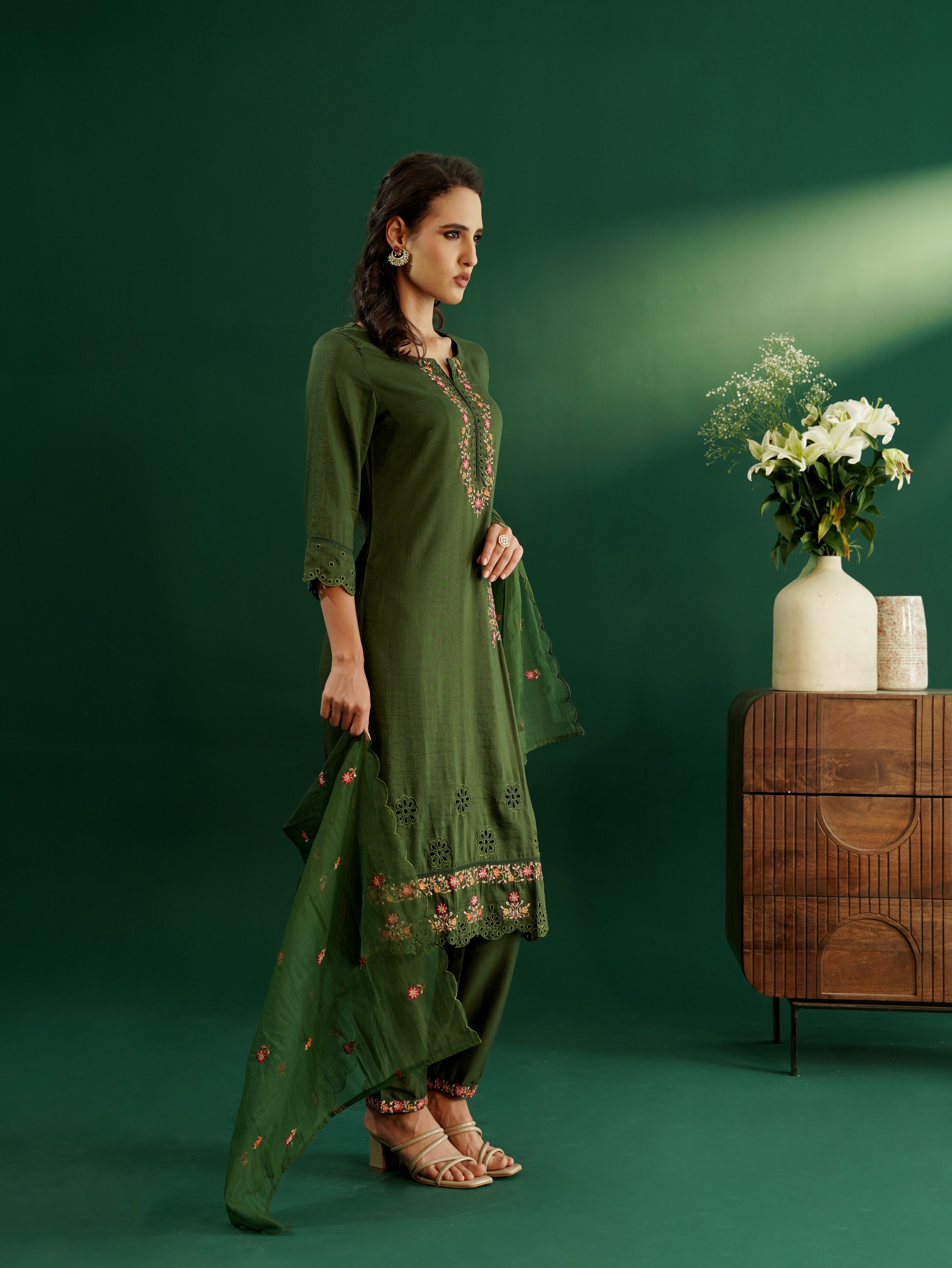 dhartii Trendy Olive Green Schiffli Embroidery Suit Set with Organza Dupatta and Pants (3 Piece Set)