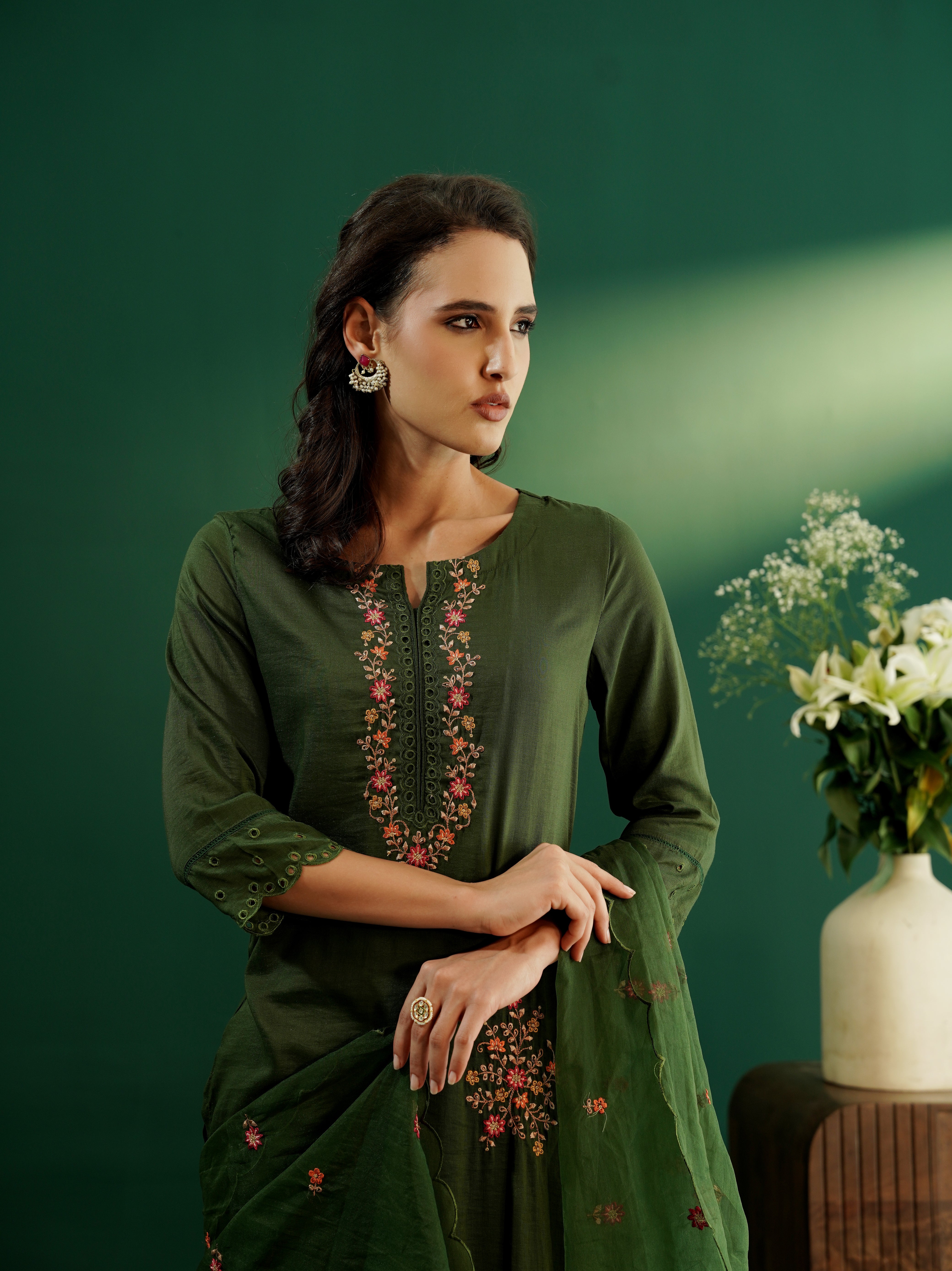 dhartii Trendy Olive Green Schiffli Embroidery Suit Set with Organza Dupatta and Pants (3 Piece Set)