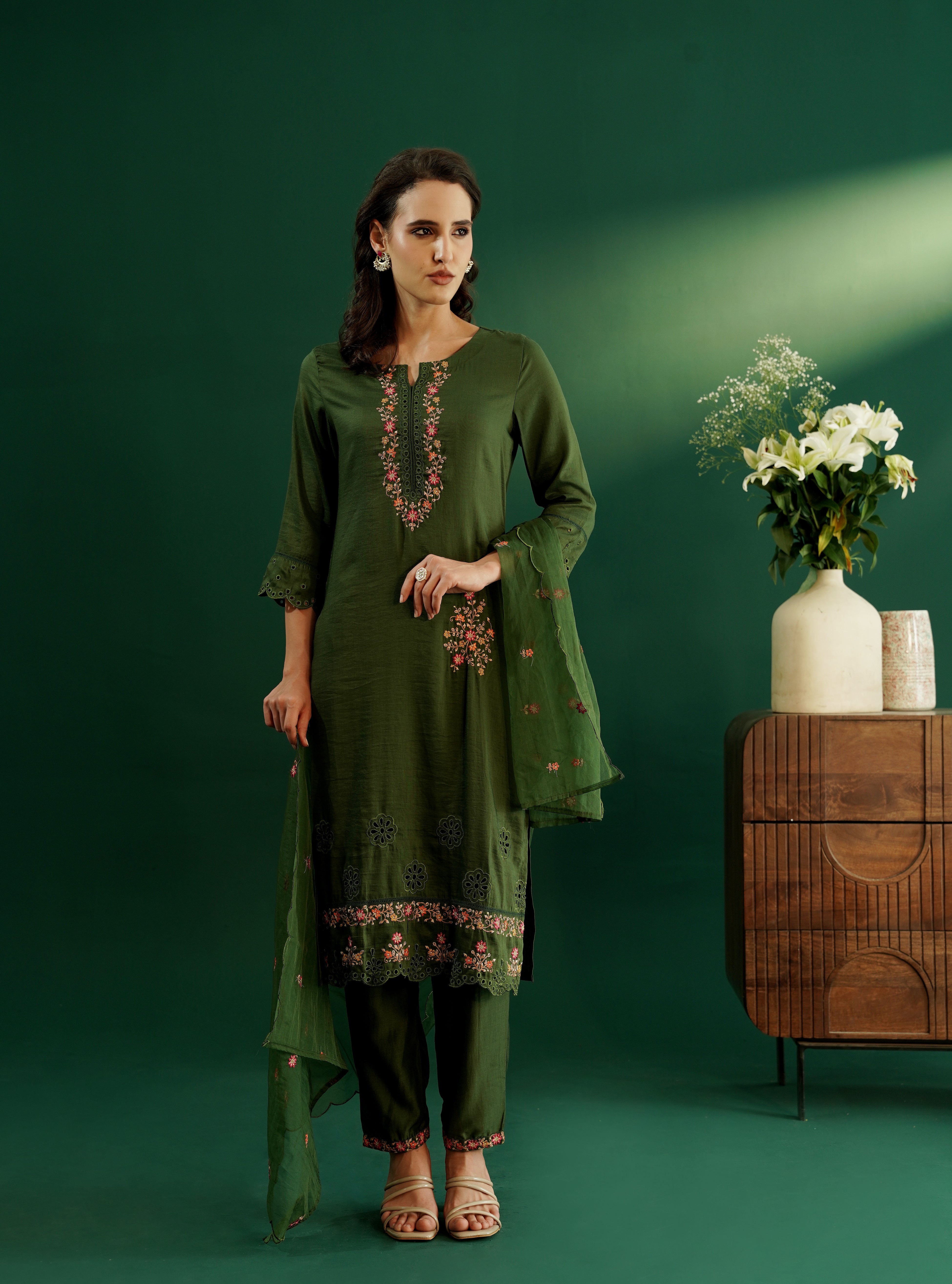 dhartii Trendy Olive Green Schiffli Embroidery Suit Set with Organza Dupatta and Pants (3 Piece Set)