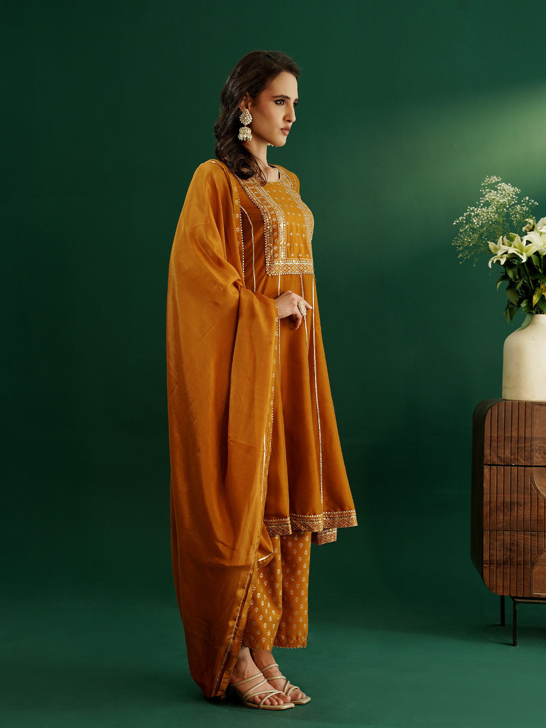 dhartii Festive Ready Mustard Modern Anarkali Set with Chiffon Dupatta and Palazzo (3 Piece Set)