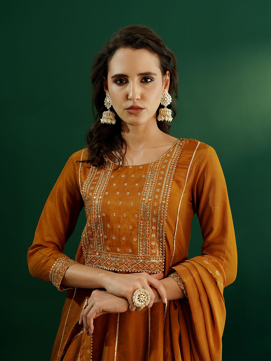 dhartii Festive Ready Mustard Modern Anarkali Set with Chiffon Dupatta and Palazzo (3 Piece Set)