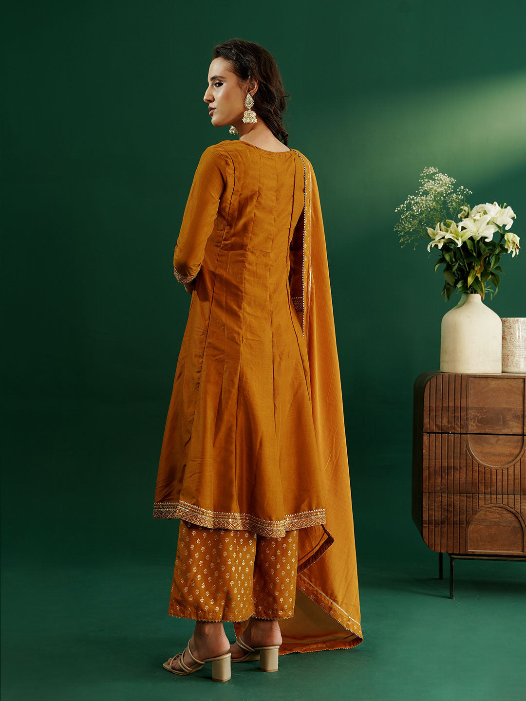 dhartii Festive Ready Mustard Modern Anarkali Set with Chiffon Dupatta and Palazzo (3 Piece Set)