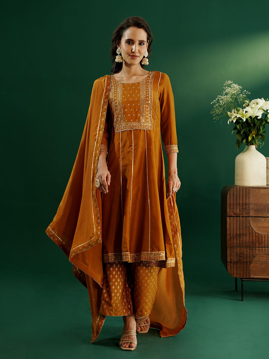 dhartii Festive Ready Mustard Modern Anarkali Set with Chiffon Dupatta and Palazzo (3 Piece Set)
