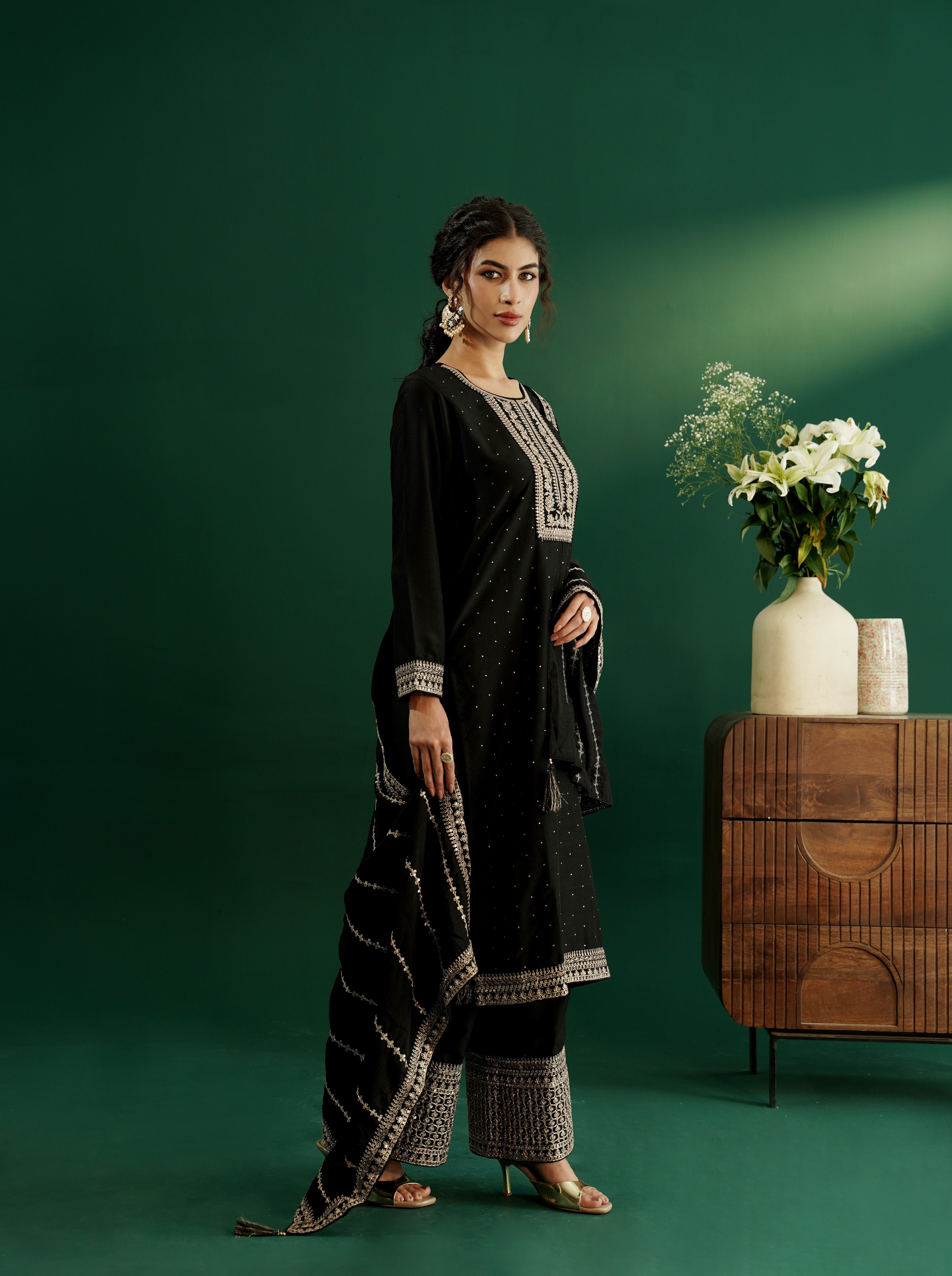 dhartii Festive Stunning Black Embroidered Suit Set with Pallazzo and Dupatta (3 Piece Set)