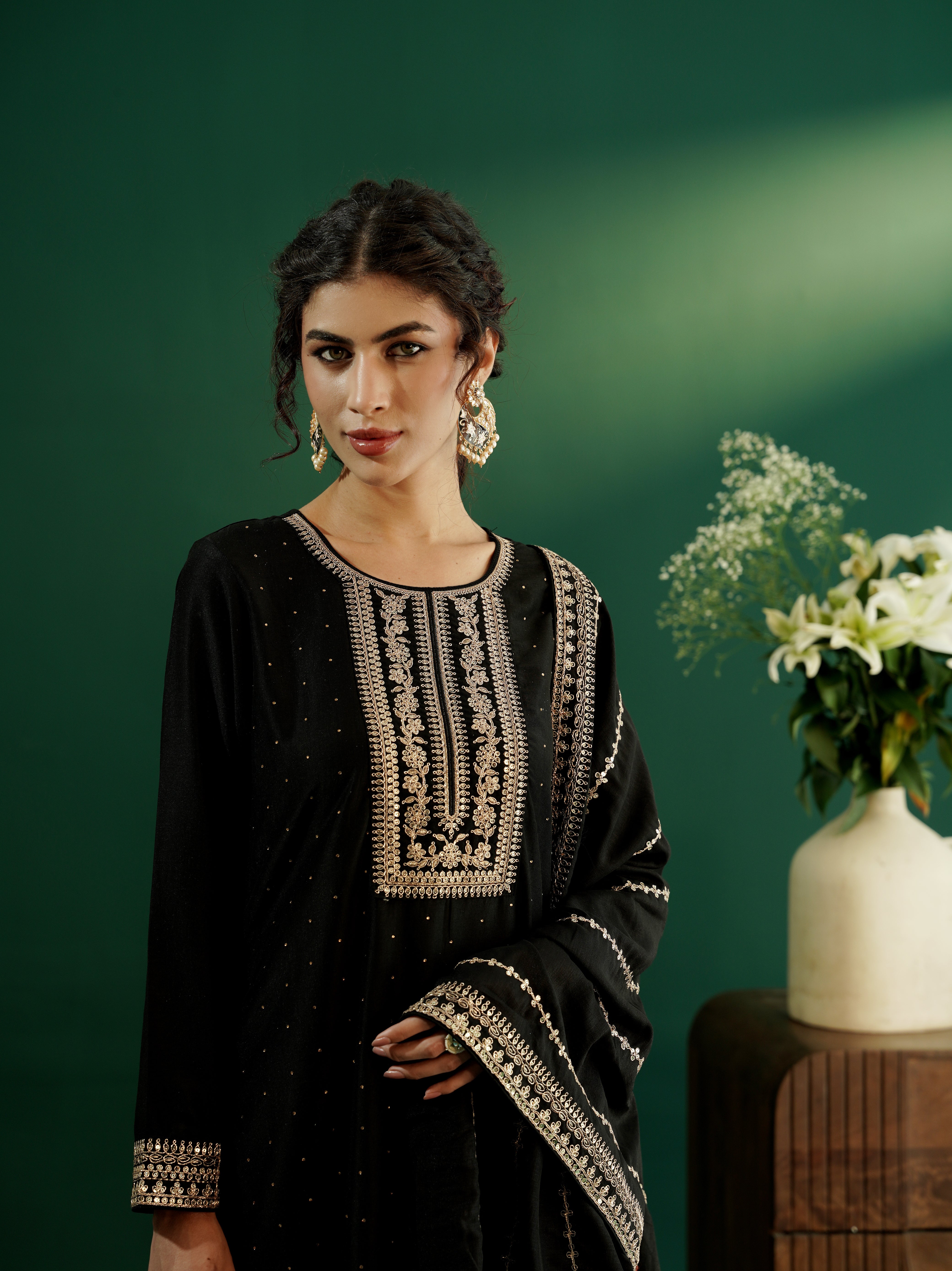 dhartii Festive Stunning Black Embroidered Suit Set with Pallazzo and Dupatta (3 Piece Set)