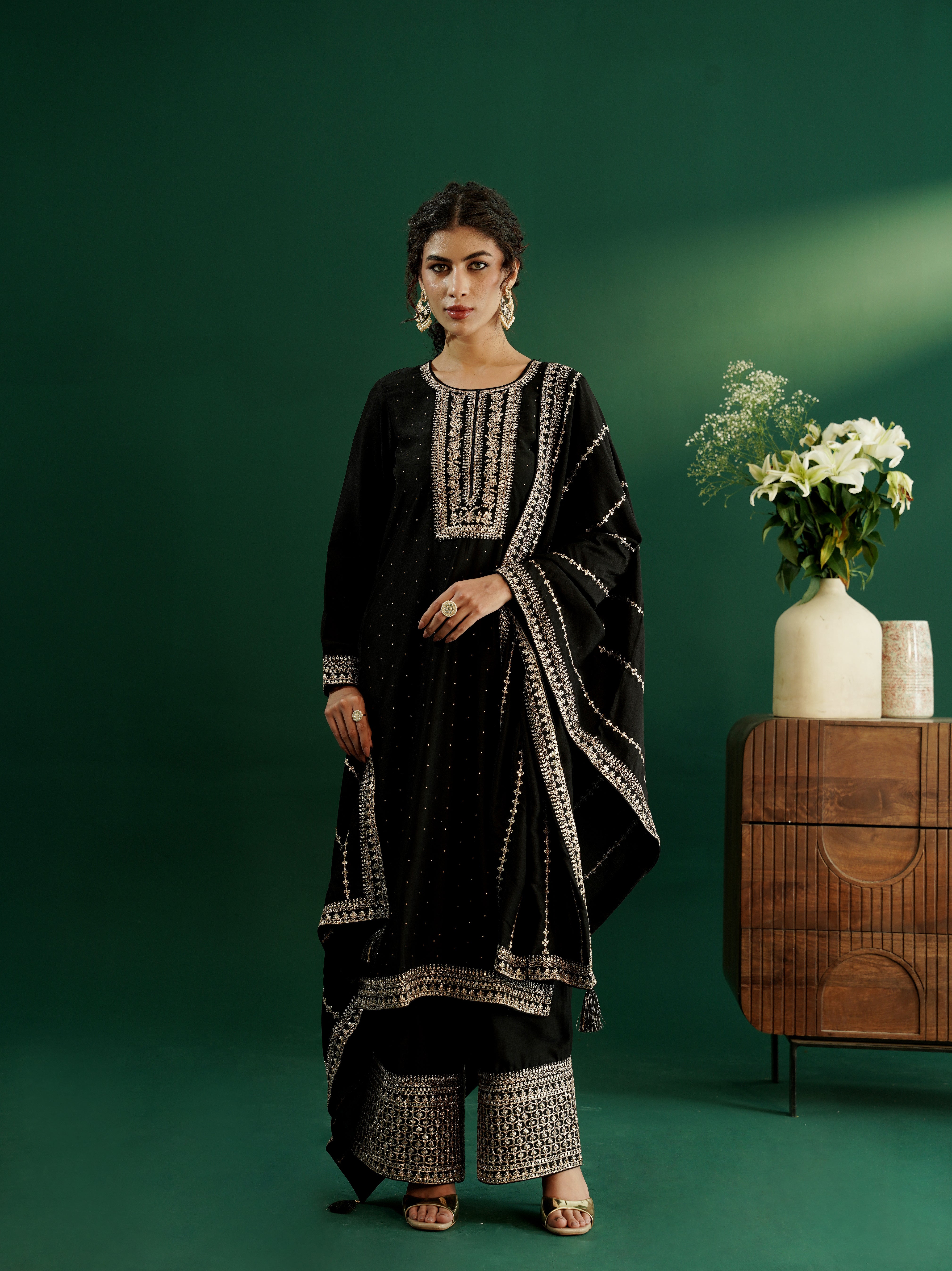 dhartii Festive Stunning Black Embroidered Suit Set with Pallazzo and Dupatta (3 Piece Set)