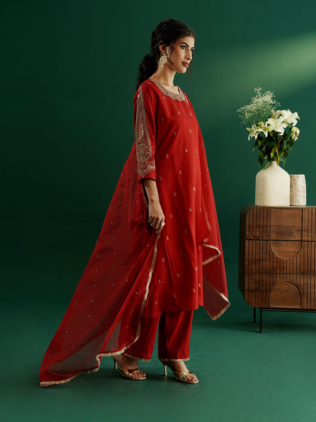 dhartii Festive Ready Modern A-Line Embroidered Sleeves Suit Set with Organza Dupatta and Palazzo (3 Piece Set)