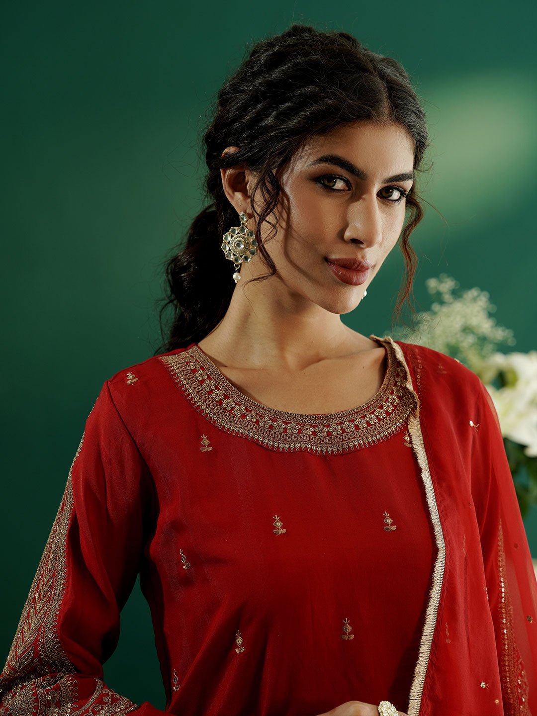 dhartii Festive Ready Modern A-Line Embroidered Sleeves Suit Set with Organza Dupatta and Palazzo (3 Piece Set)